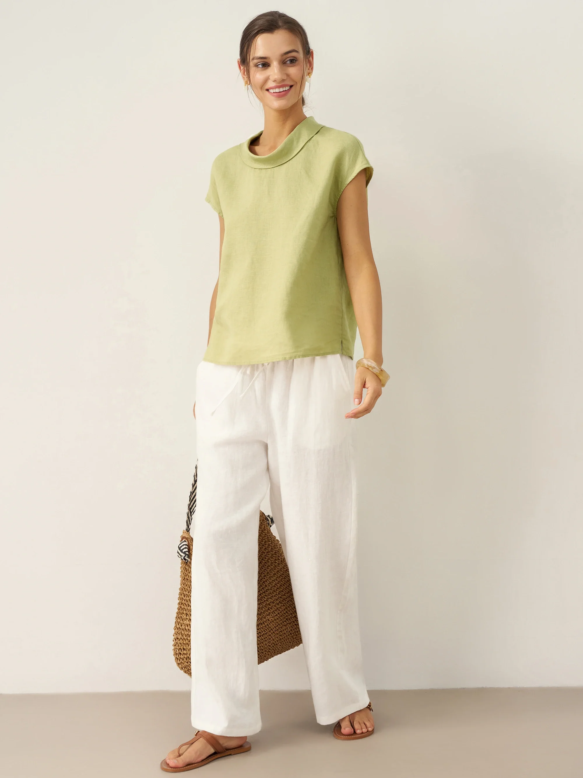 100% Linen Cap Sleeve Soft-Fold Collar Top YVONNE - Image 7
