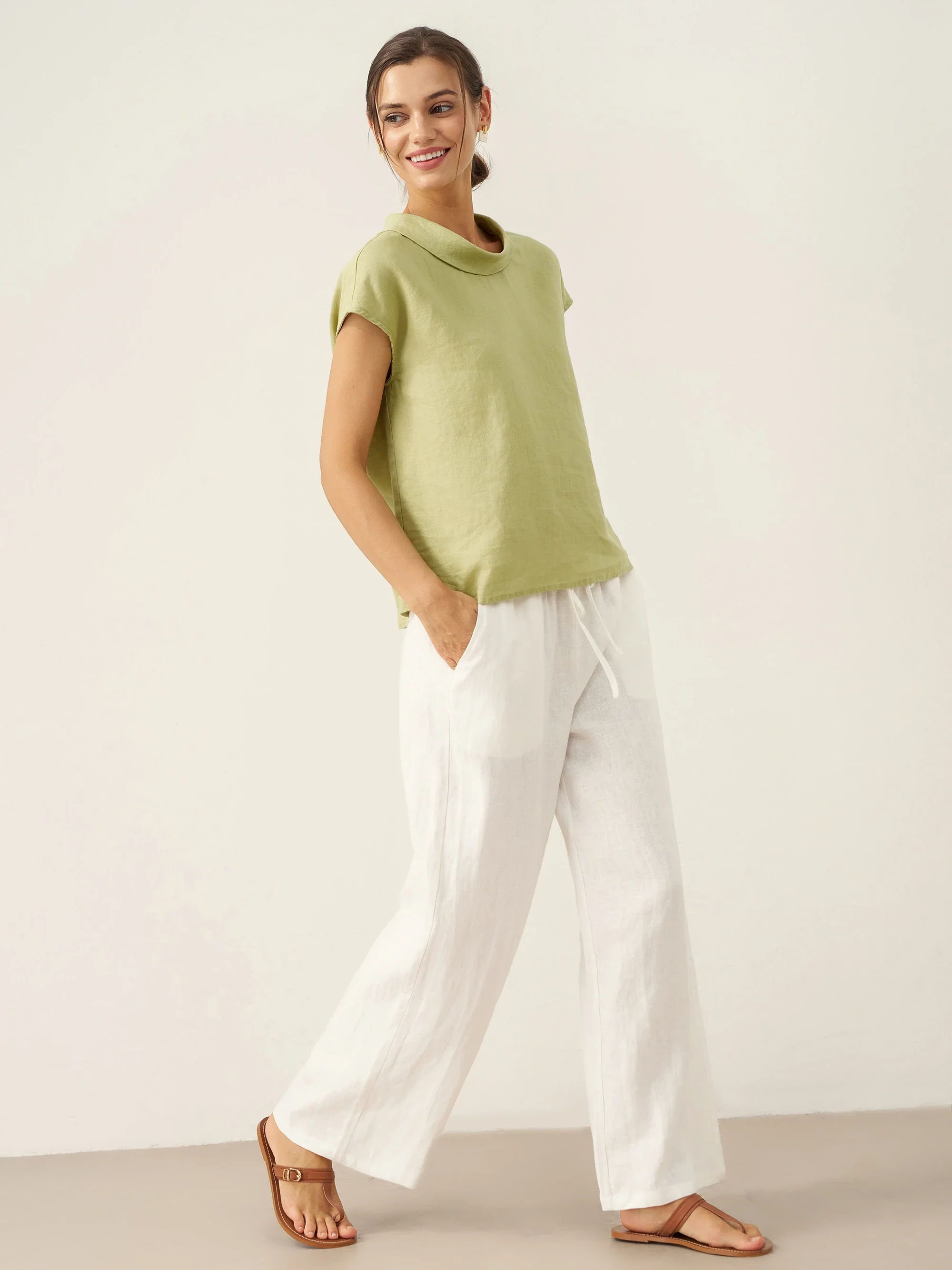 100% Linen Cap Sleeve Soft-Fold Collar Top YVONNE - Image 8
