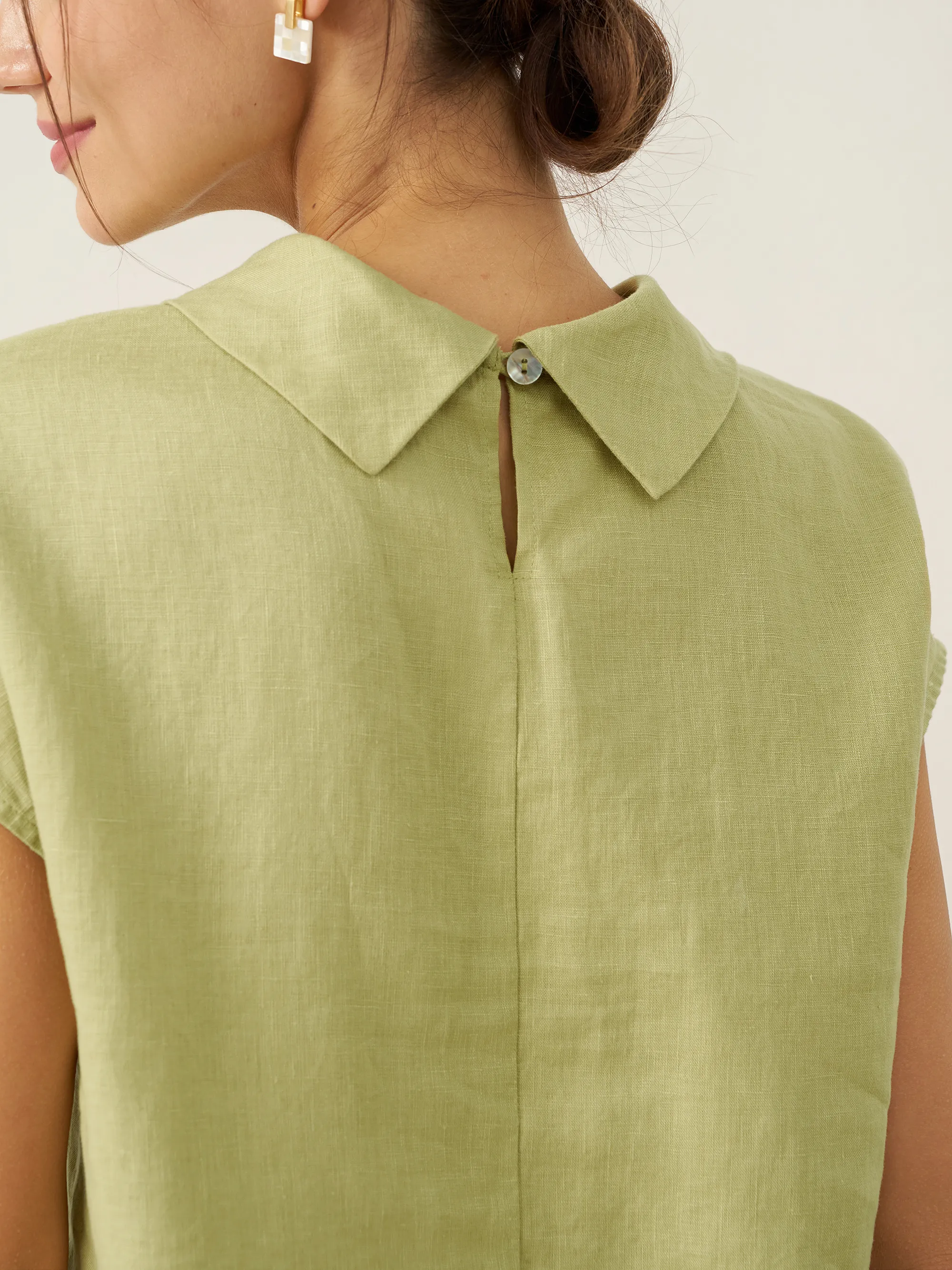 100% Linen Cap Sleeve Soft-Fold Collar Top YVONNE - Image 10