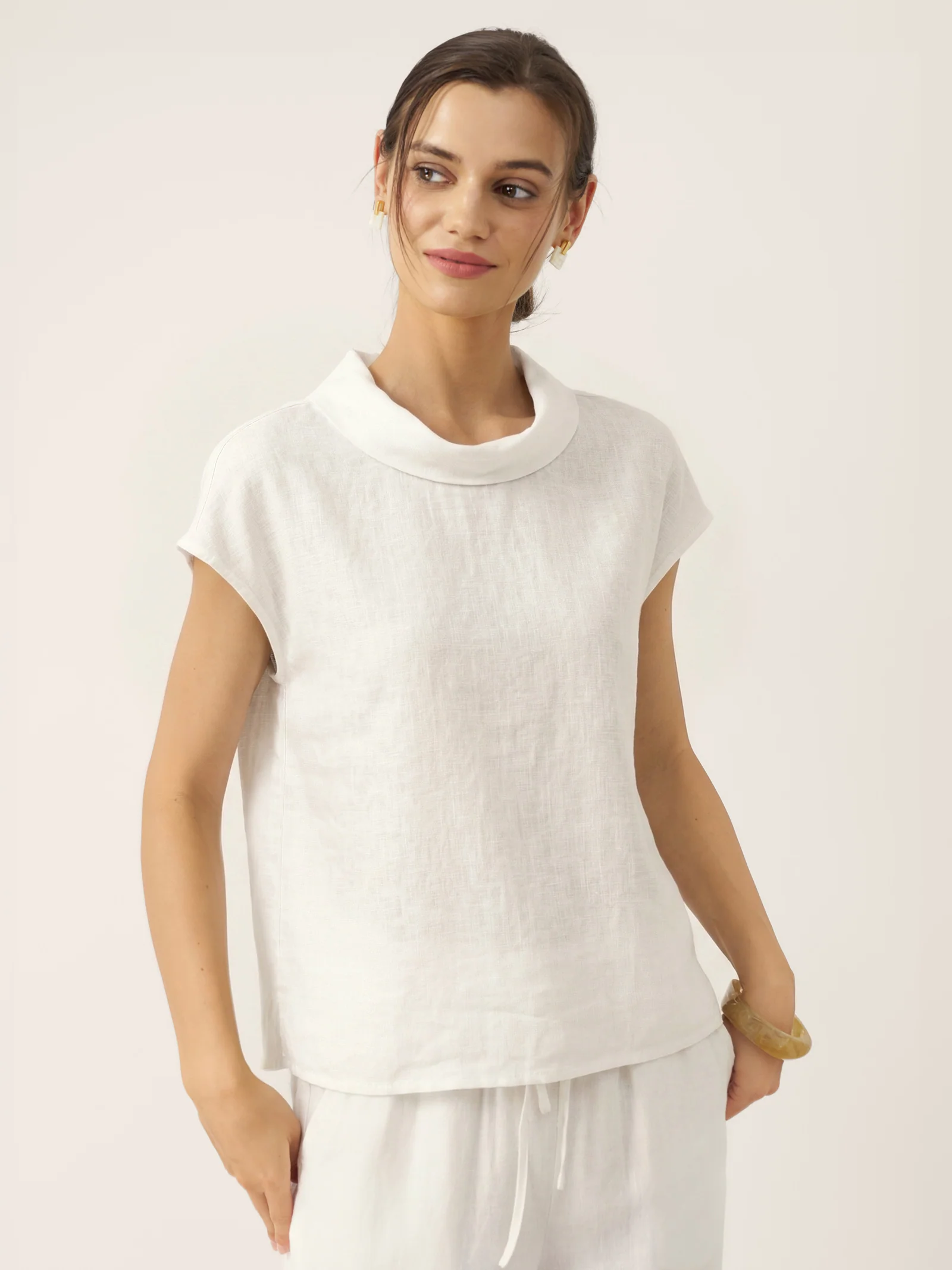 100% Linen Cap Sleeve Soft-Fold Collar Top YVONNE - Image 22
