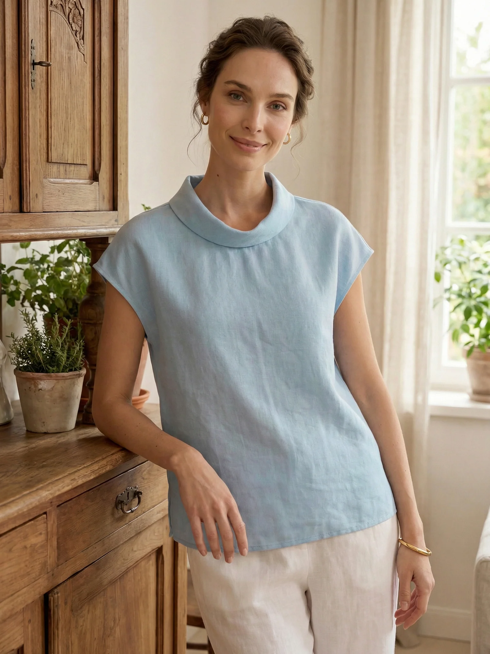 100% Linen Cap Sleeve Soft-Fold Collar Top YVONNE - Image 12