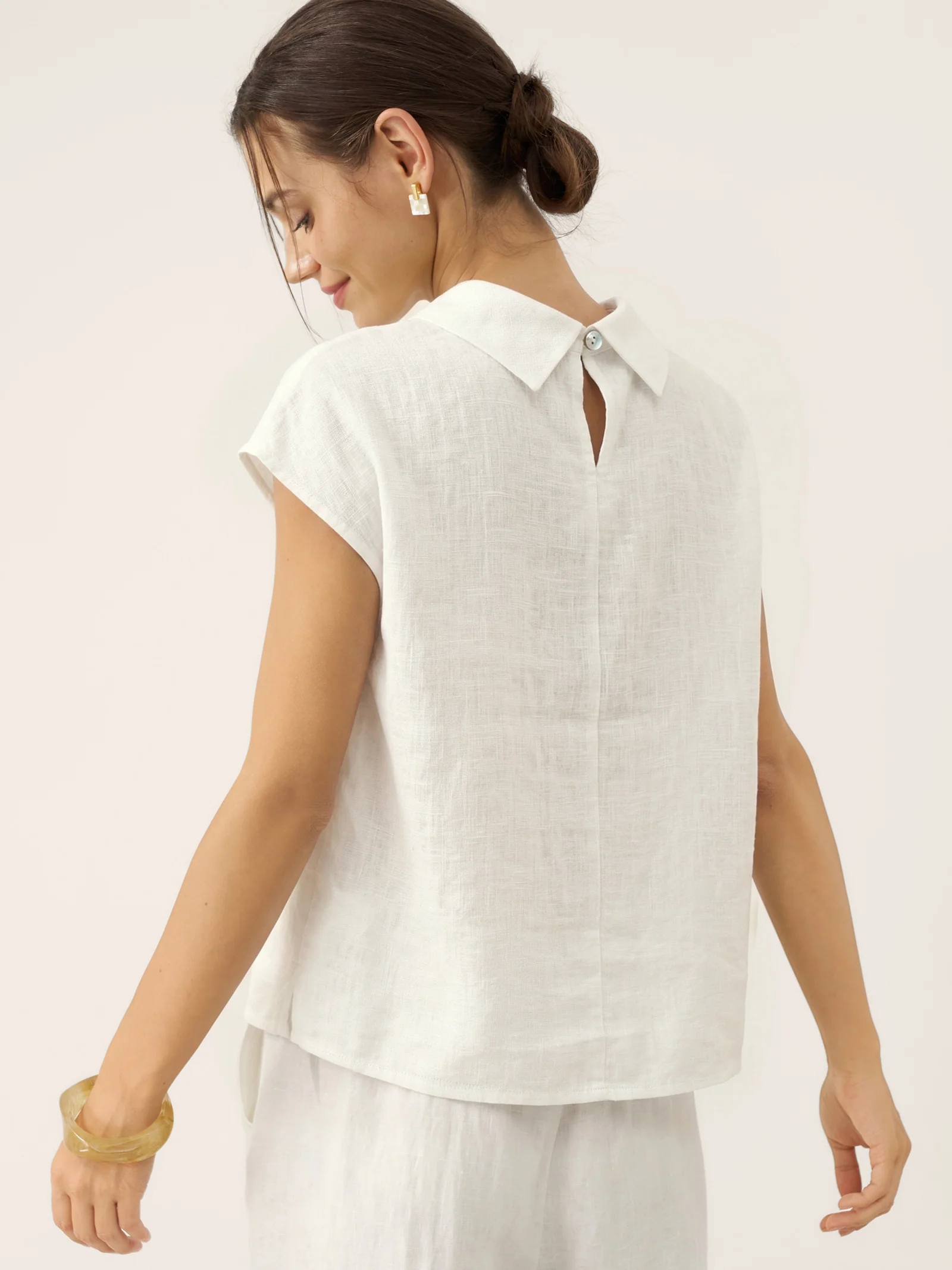 100% Linen Cap Sleeve Soft-Fold Collar Top YVONNE - Image 25