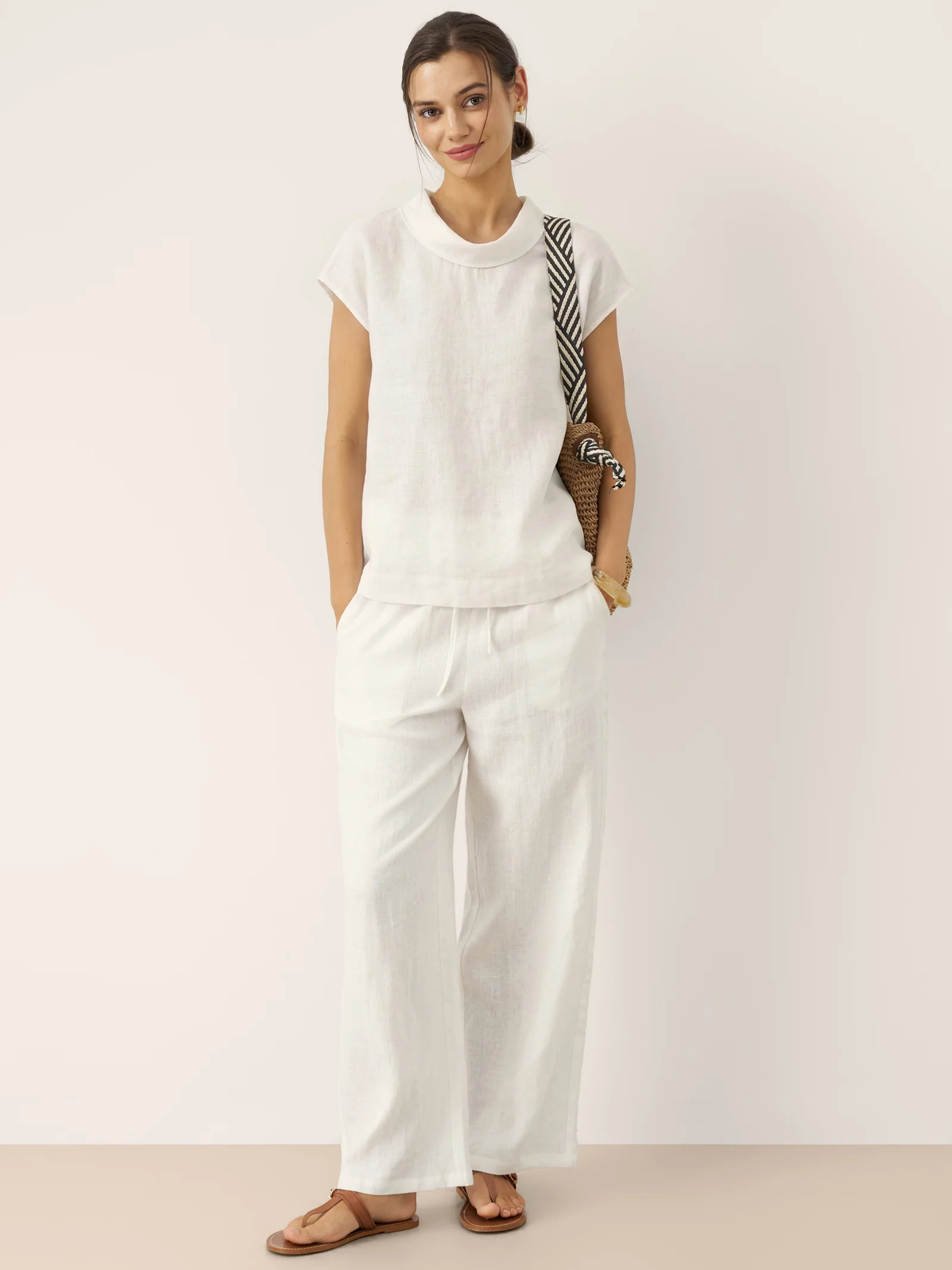 100% Linen Cap Sleeve Soft-Fold Collar Top YVONNE - Image 27