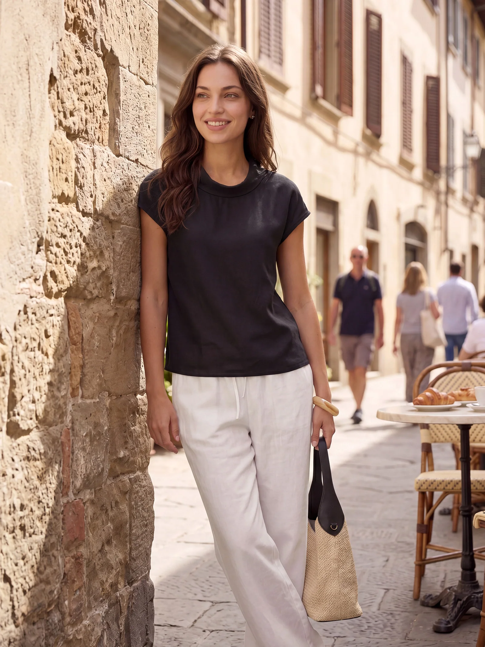 100% Linen Cap Sleeve Soft-Fold Collar Top YVONNE - Image 30
