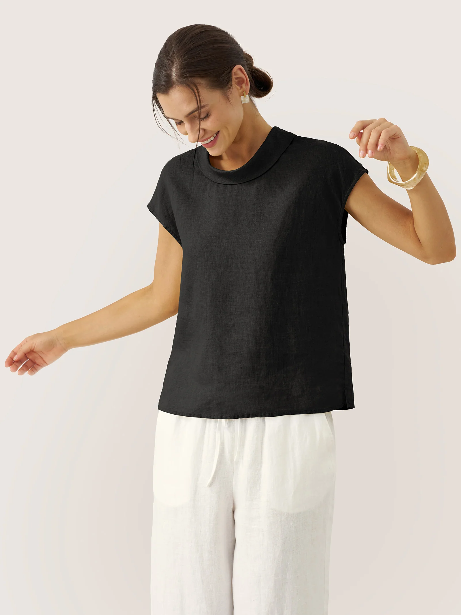 100% Linen Cap Sleeve Soft-Fold Collar Top YVONNE - Image 31