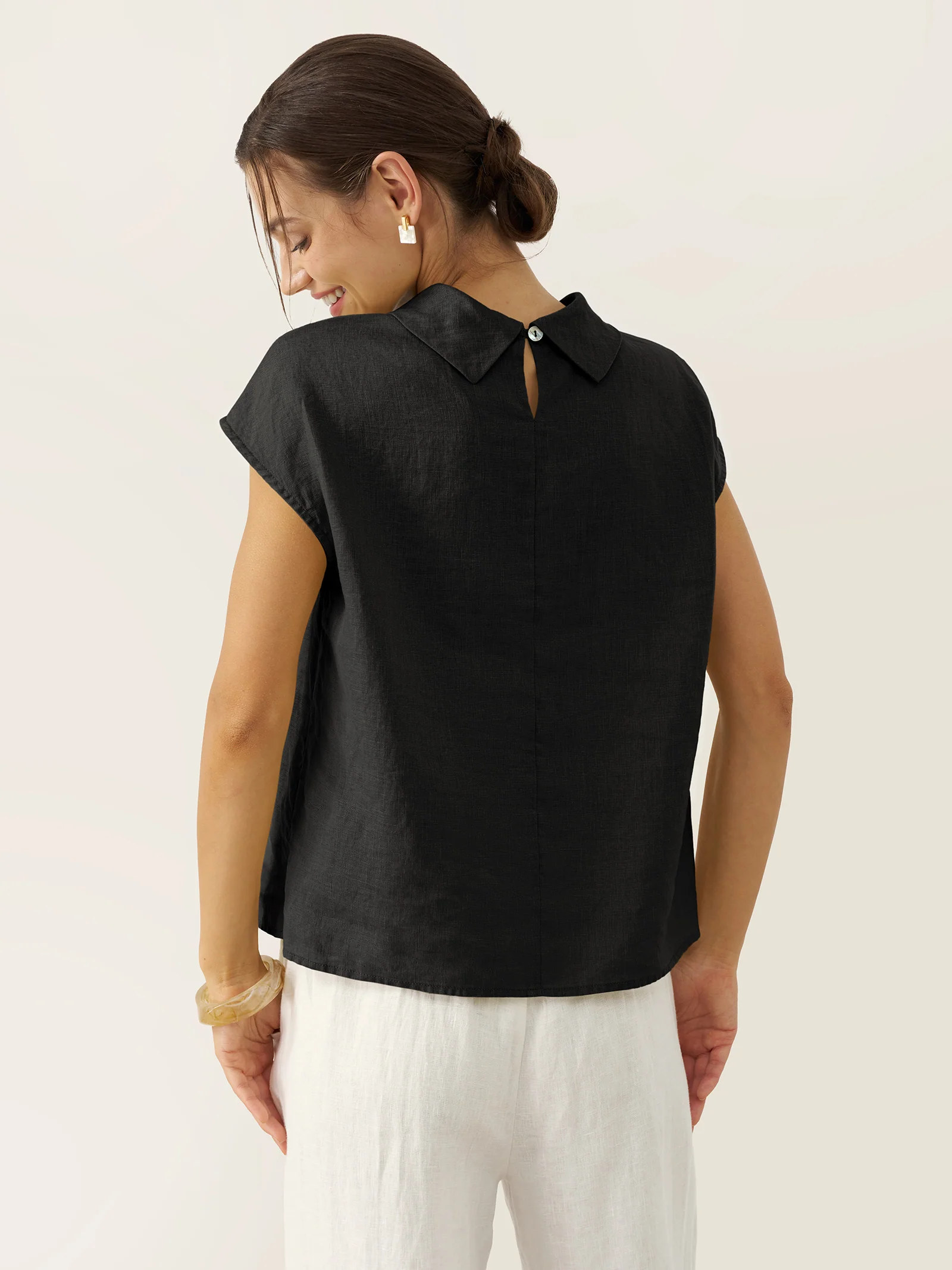 100% Linen Cap Sleeve Soft-Fold Collar Top YVONNE - Image 34