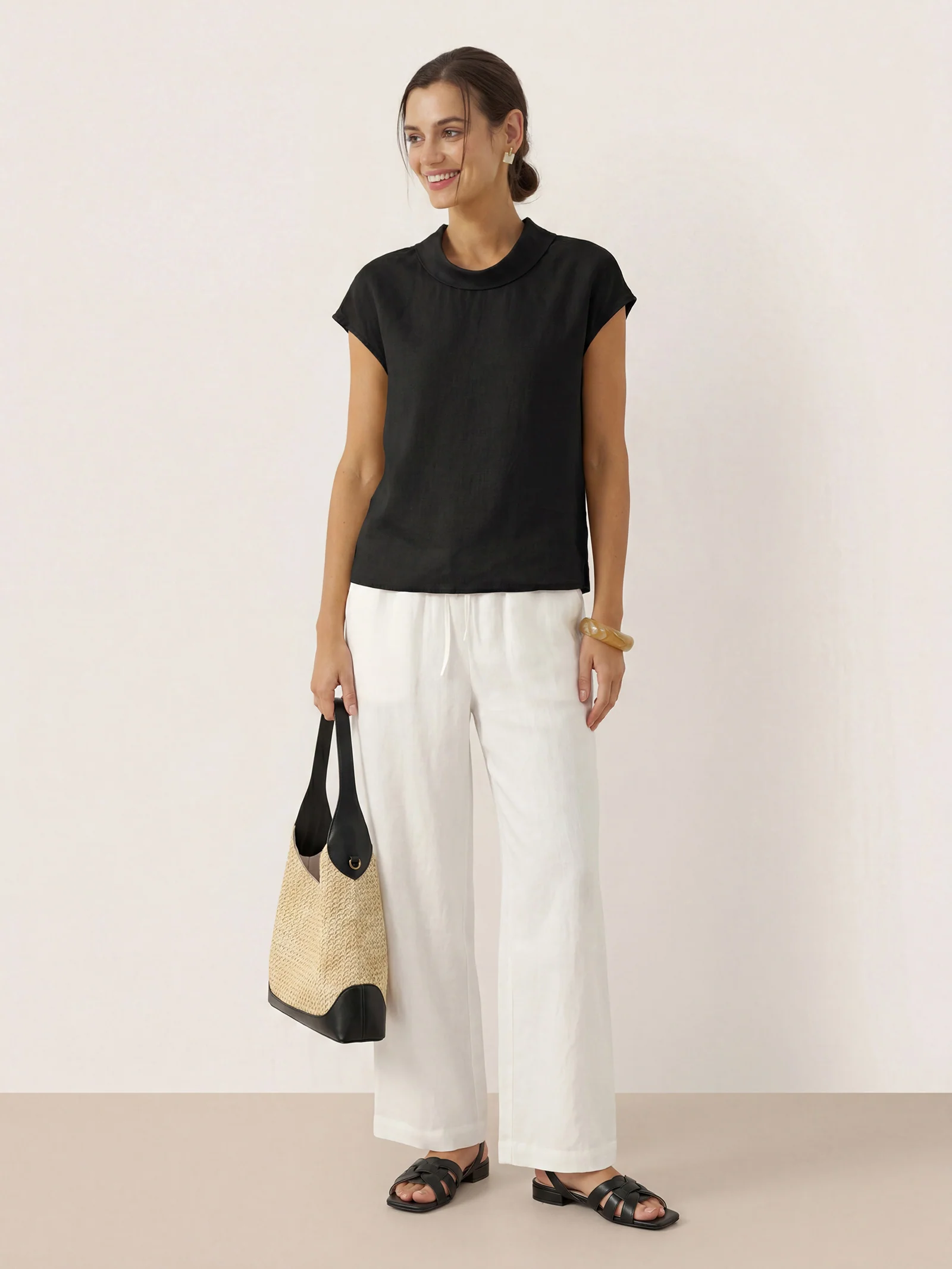 100% Linen Cap Sleeve Soft-Fold Collar Top YVONNE - Image 33