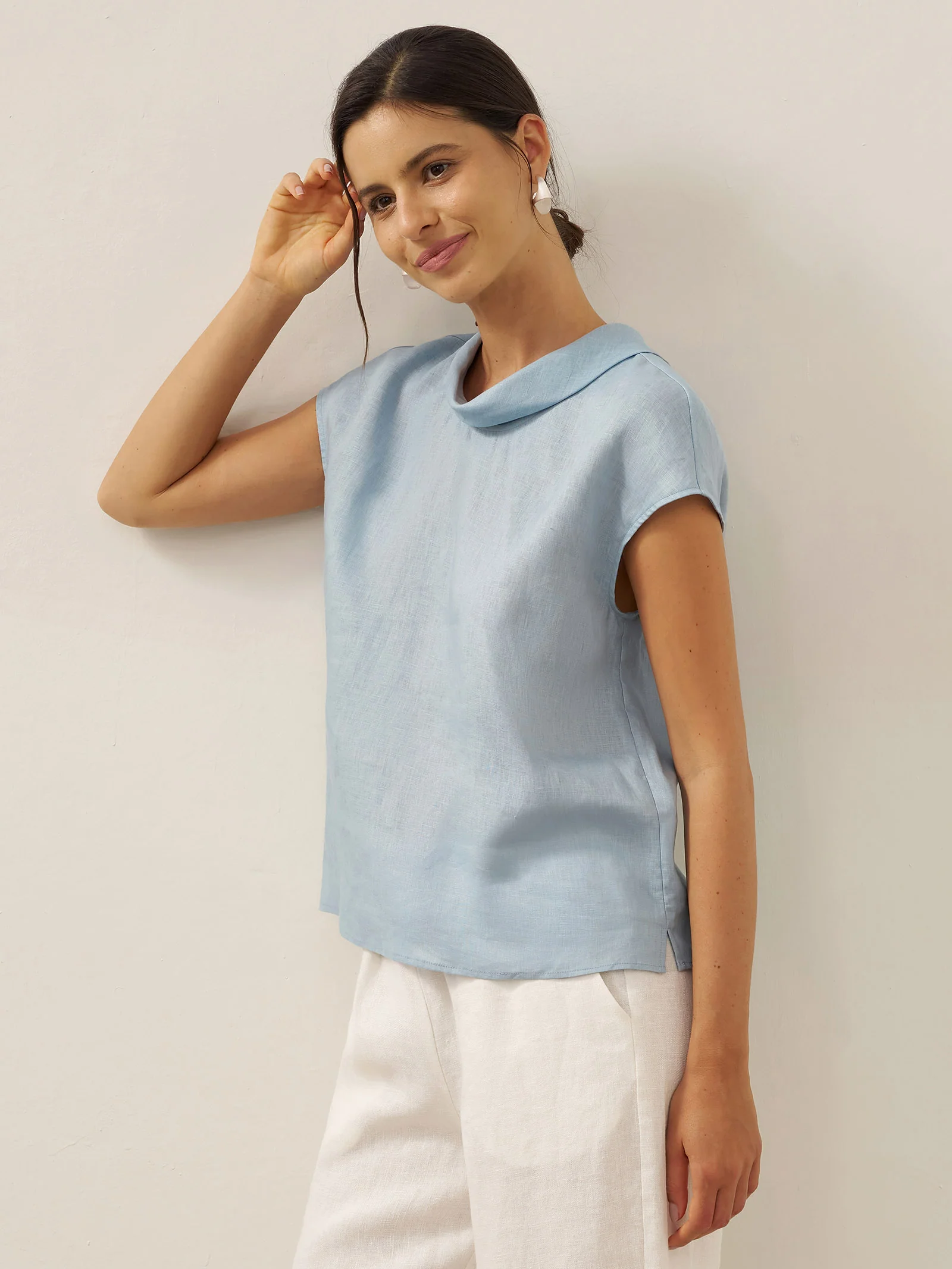 100% Linen Cap Sleeve Soft-Fold Collar Top YVONNE - Image 15