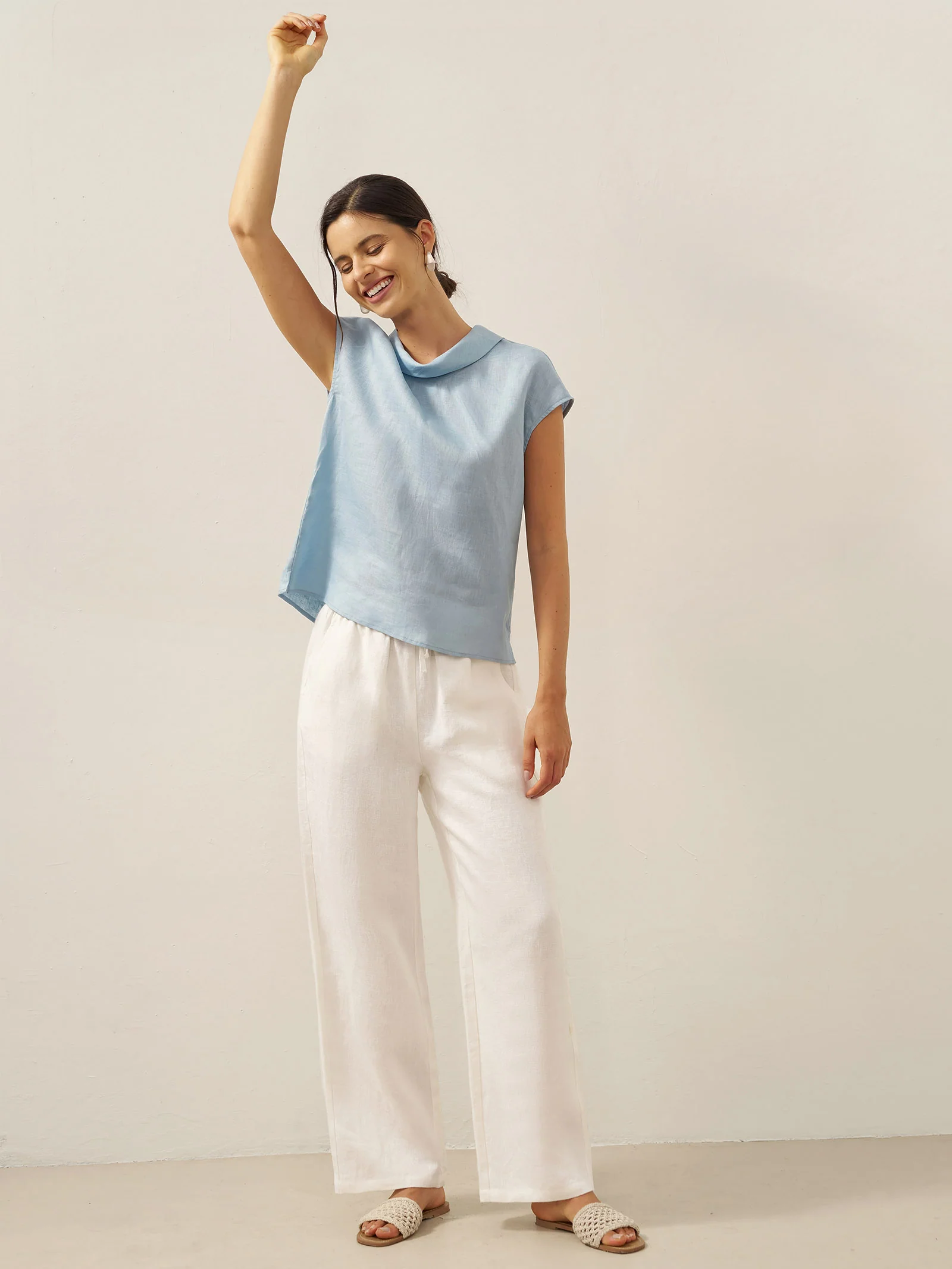 100% Linen Cap Sleeve Soft-Fold Collar Top YVONNE - Image 17