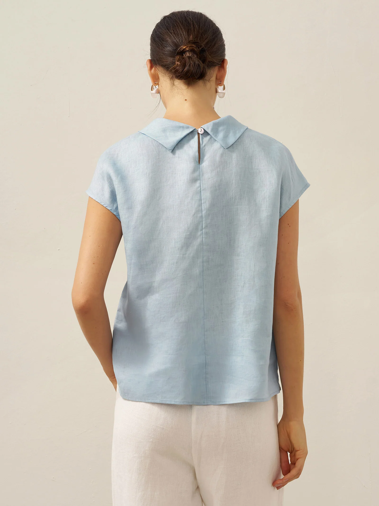 100% Linen Cap Sleeve Soft-Fold Collar Top YVONNE - Image 18