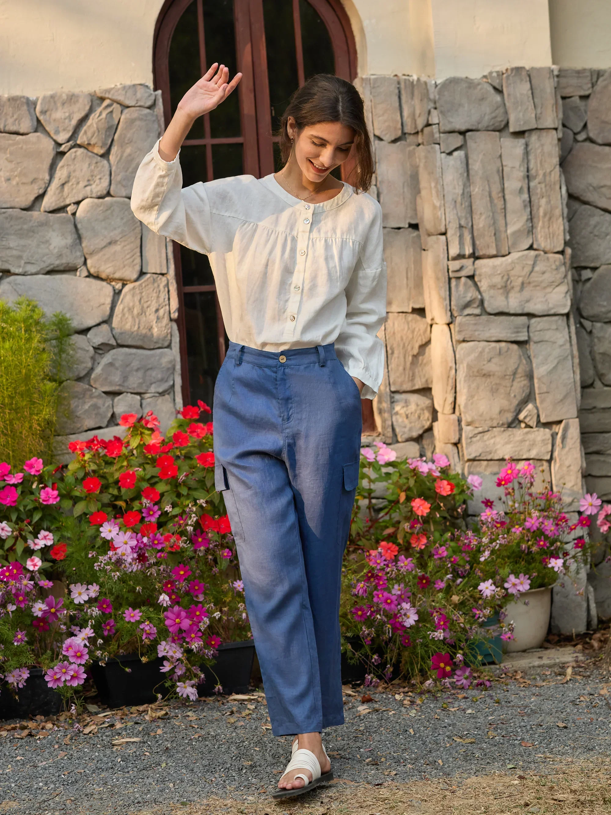 100% Linen Cargo Tapered Trousers with Patch Pockets JESSE - Image 5