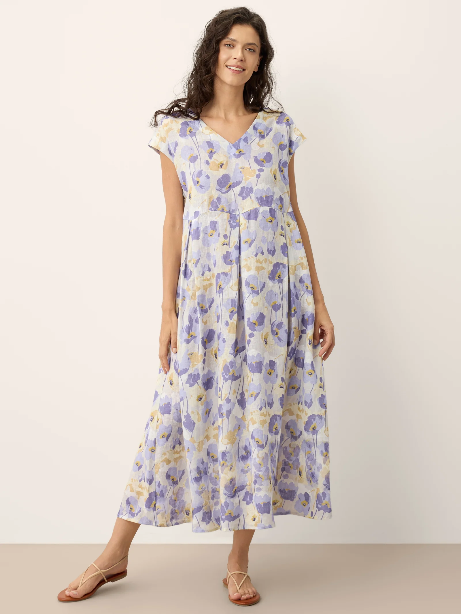 100% Linen Carnation Print Scalloped Waist Maxi Dress HARRIET