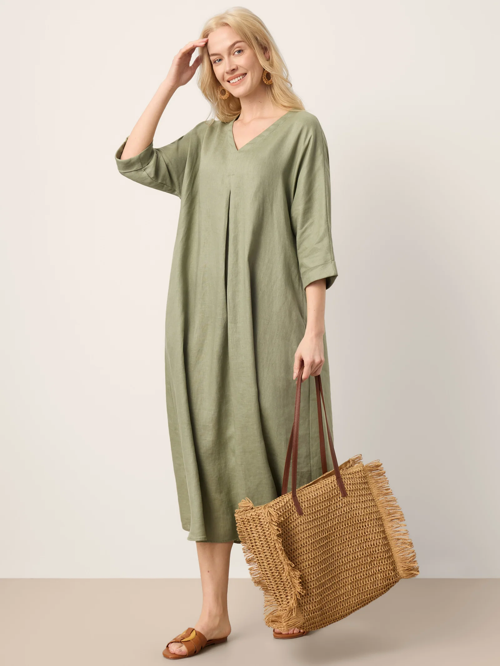 100% Linen Center Pleat V-Neck Cuffed Sleeve Maxi Dress ZENOBIA - Image 10