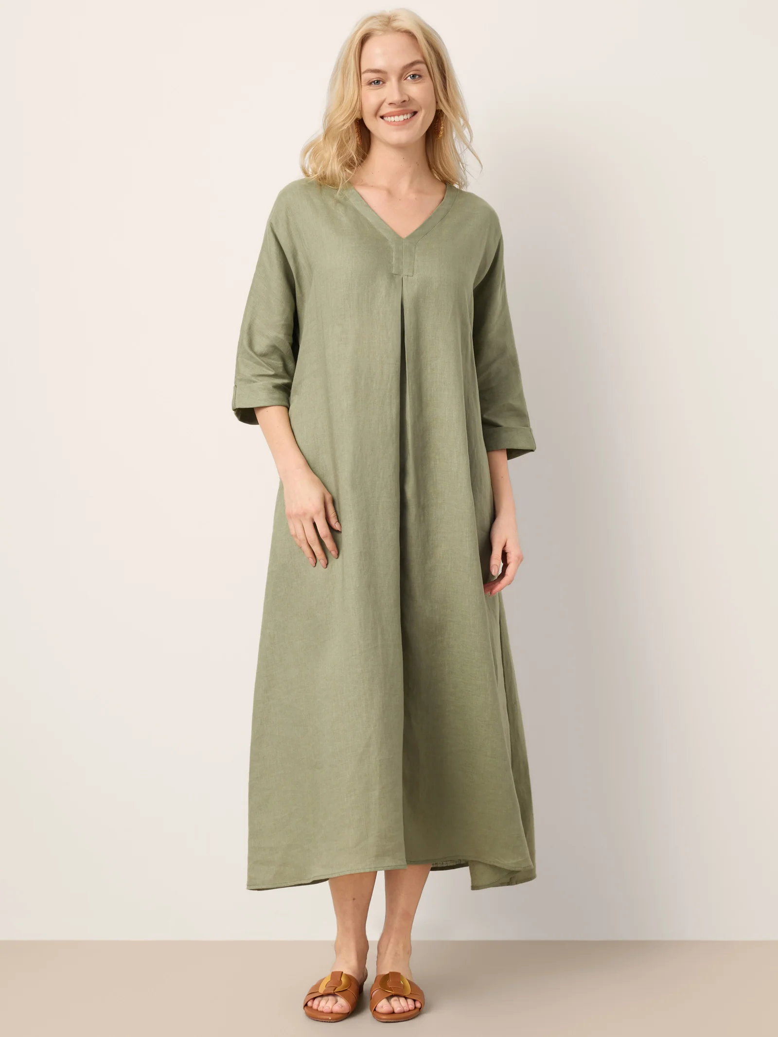 100% Linen Center Pleat V-Neck Cuffed Sleeve Maxi Dress ZENOBIA - Image 2