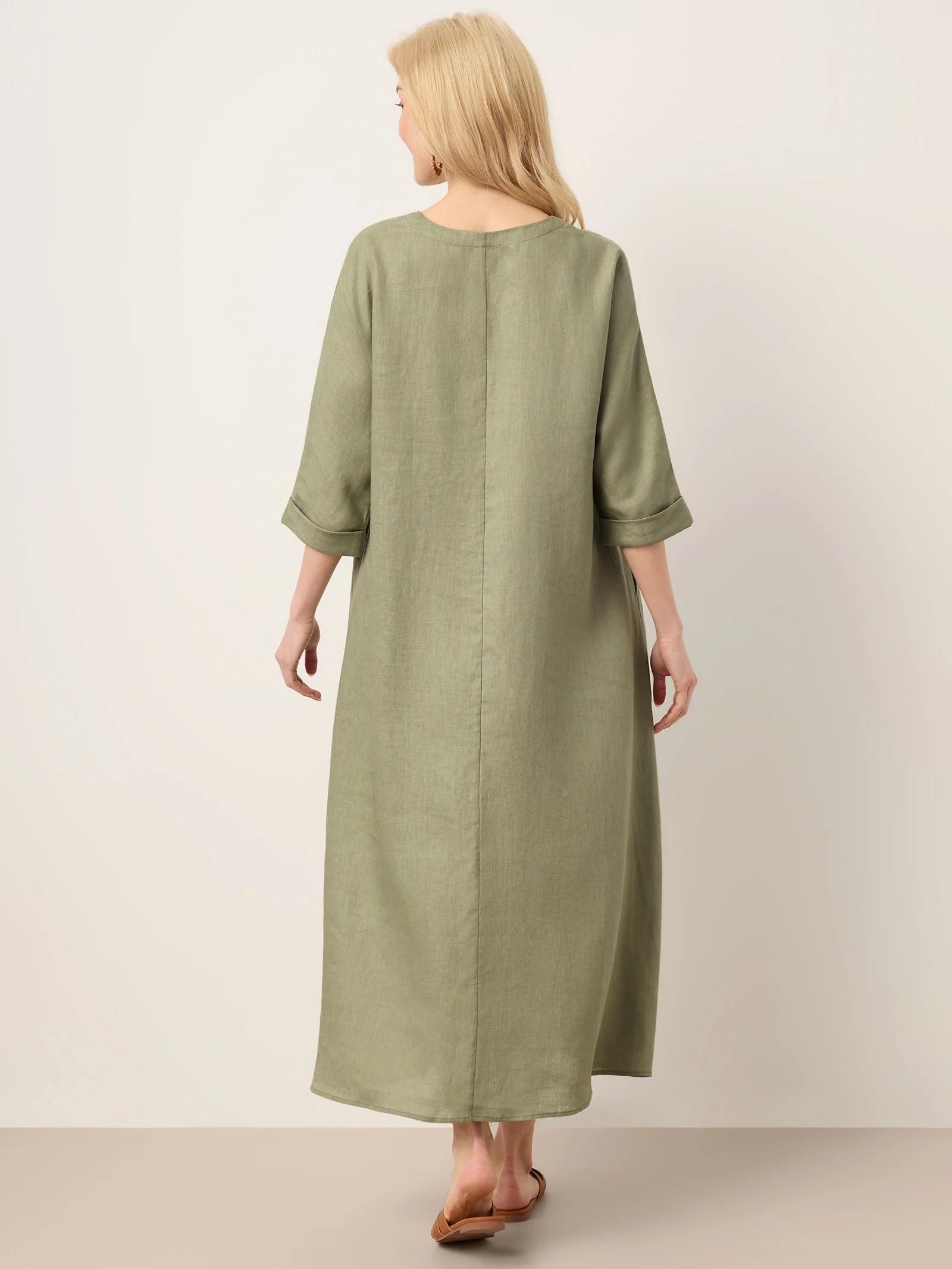 100% Linen Center Pleat V-Neck Cuffed Sleeve Maxi Dress ZENOBIA - Image 4