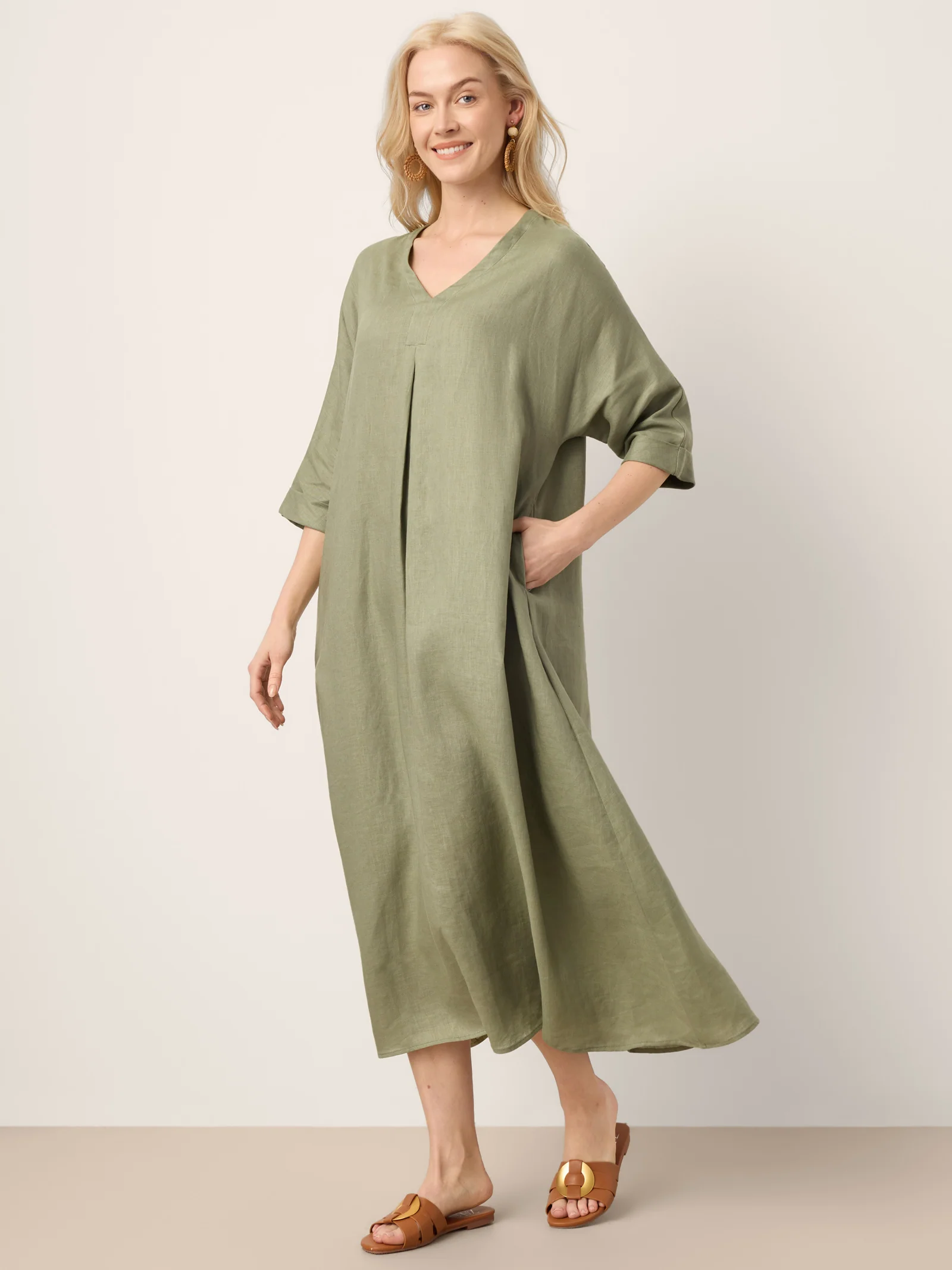 100% Linen Center Pleat V-Neck Cuffed Sleeve Maxi Dress ZENOBIA - Image 5