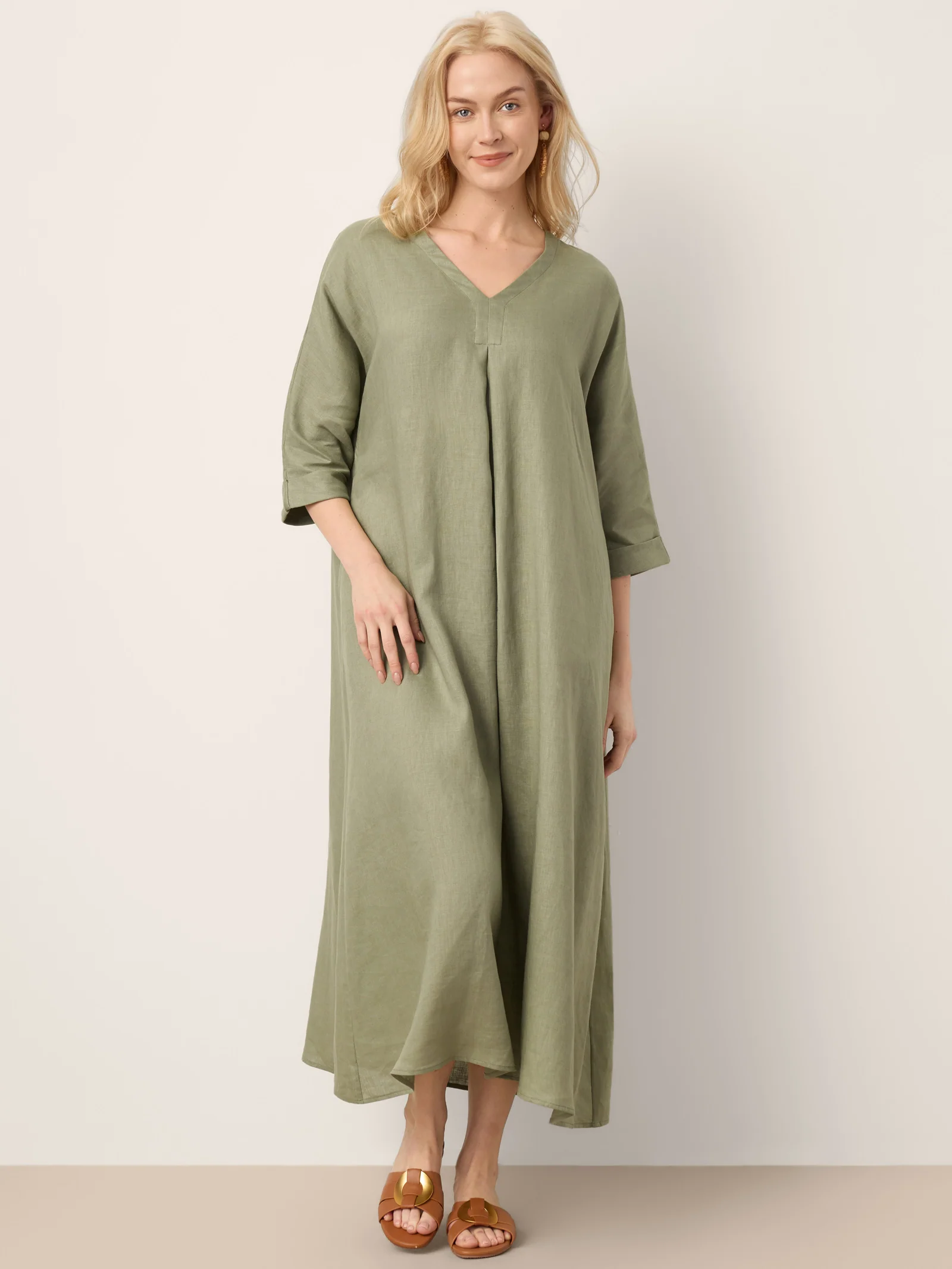 100% Linen Center Pleat V-Neck Cuffed Sleeve Maxi Dress ZENOBIA - Image 6
