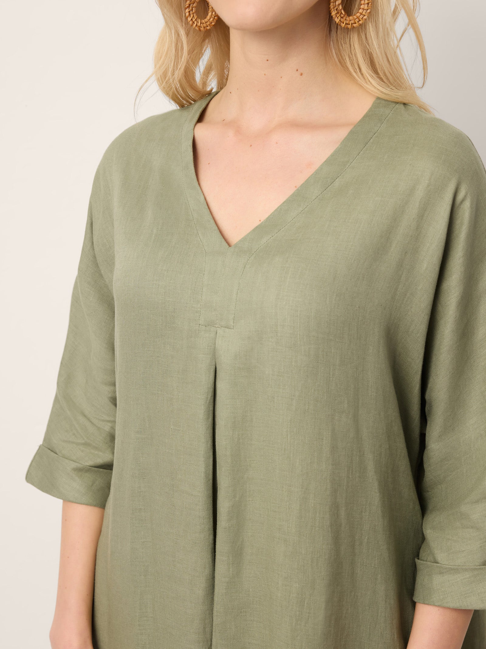 100% Linen Center Pleat V-Neck Cuffed Sleeve Maxi Dress ZENOBIA - Image 7