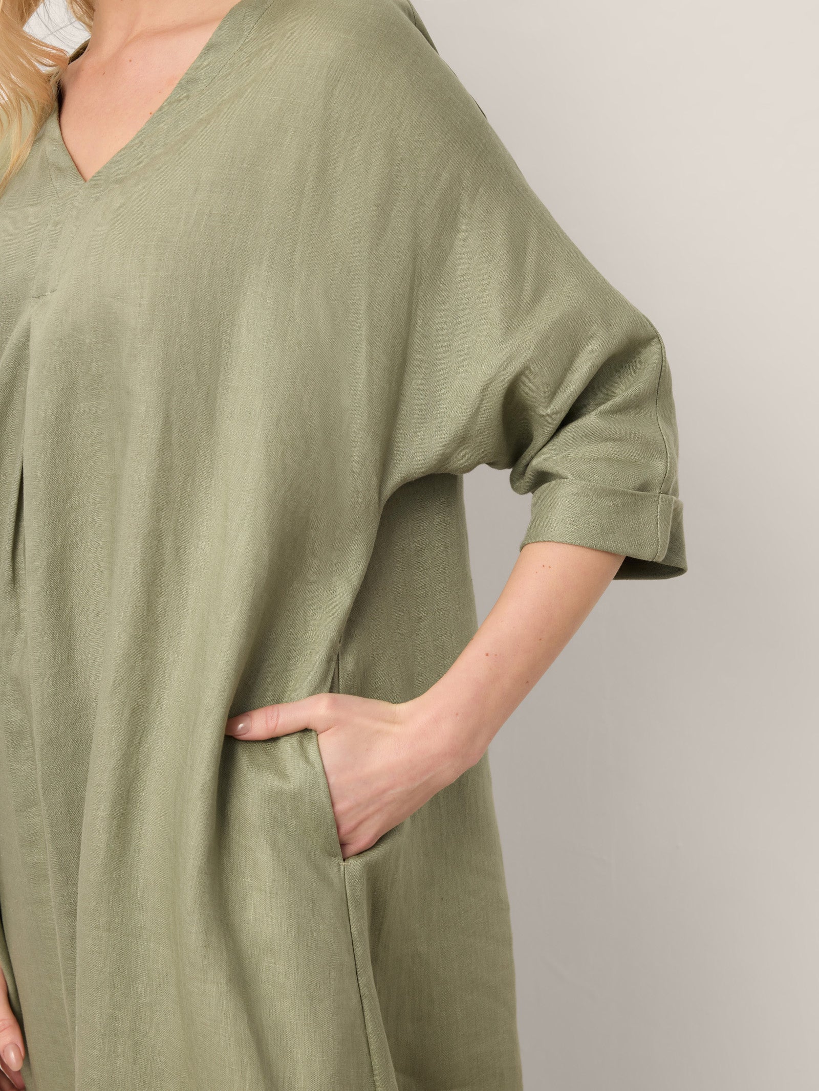 100% Linen Center Pleat V-Neck Cuffed Sleeve Maxi Dress ZENOBIA - Image 8