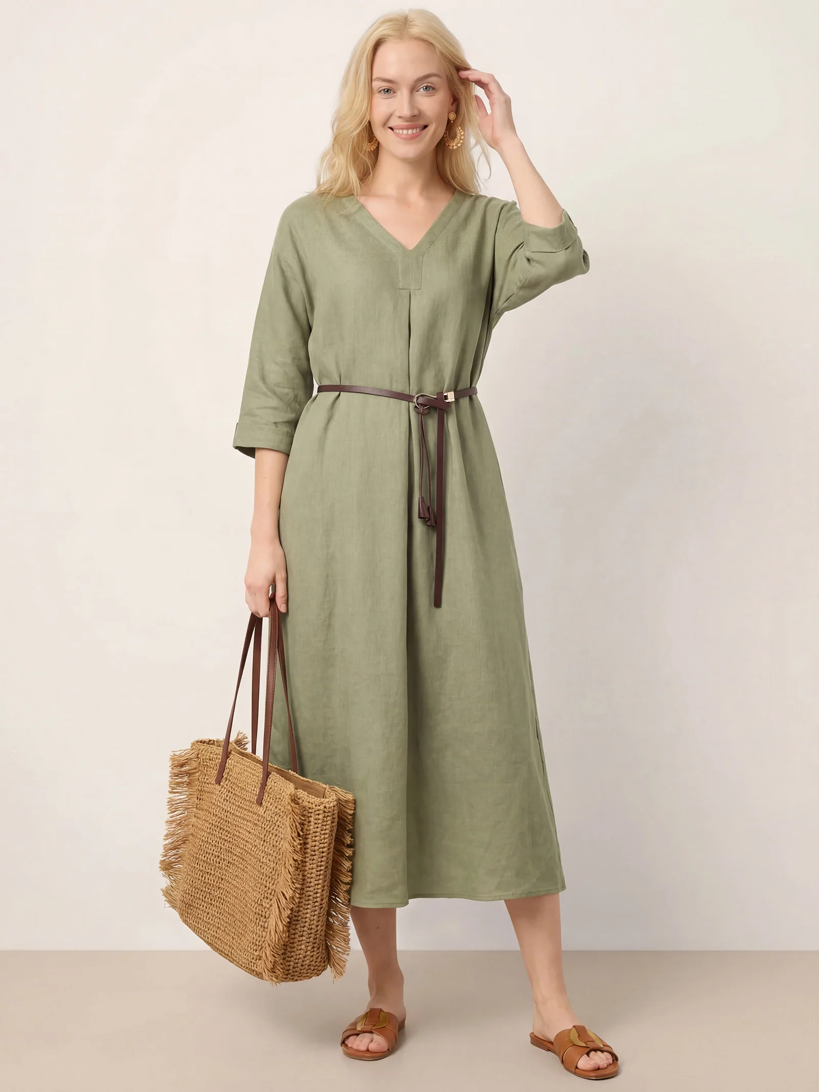 100% Linen Center Pleat V-Neck Cuffed Sleeve Maxi Dress ZENOBIA - Image 9