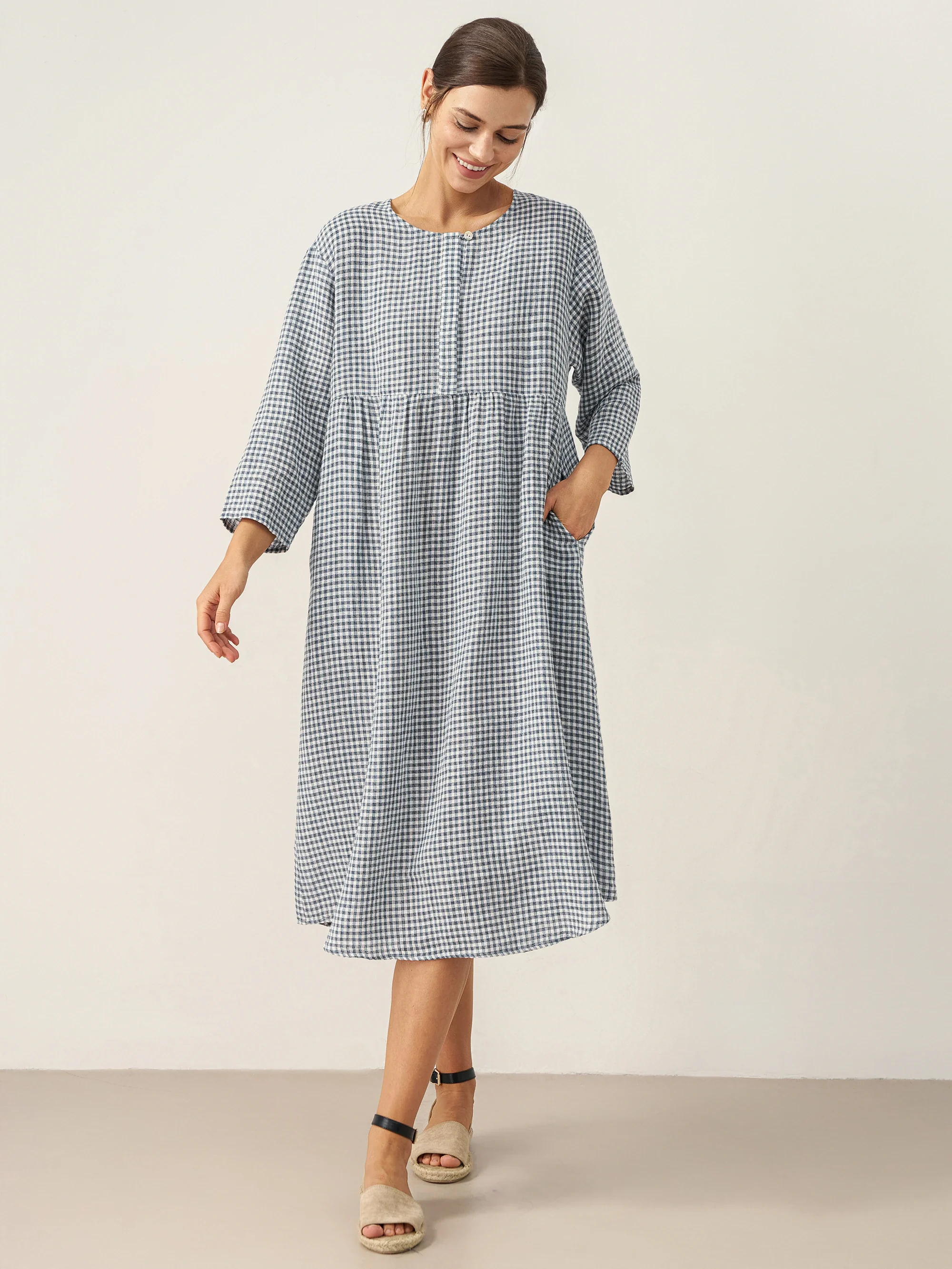 Linen Check Long Sleeve Midi Dress FIRTH - Image 2