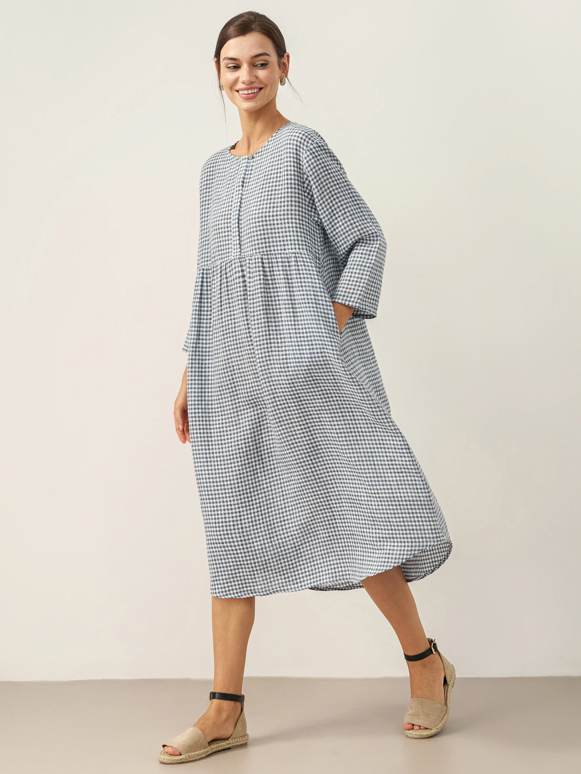 Linen Check Long Sleeve Midi Dress FIRTH - Image 4