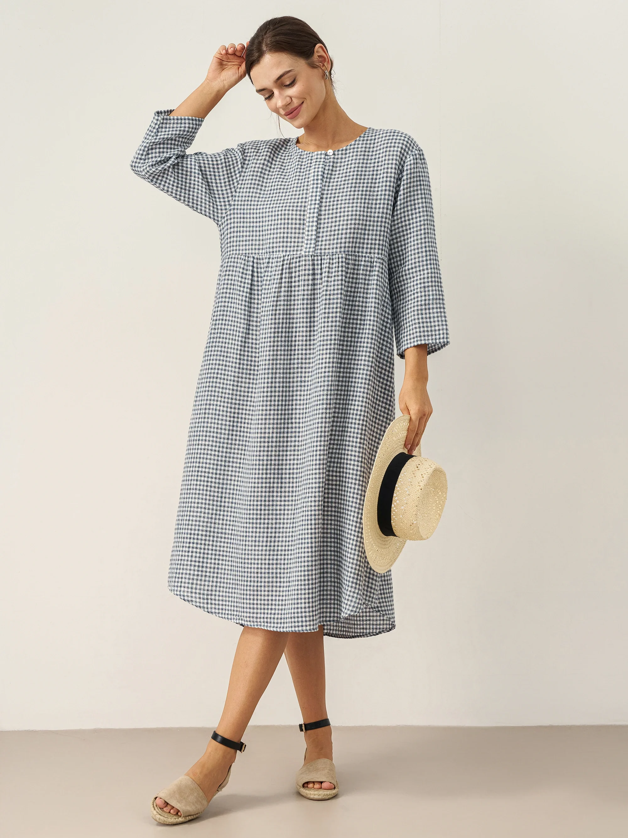 Linen Check Long Sleeve Midi Dress FIRTH - Image 8