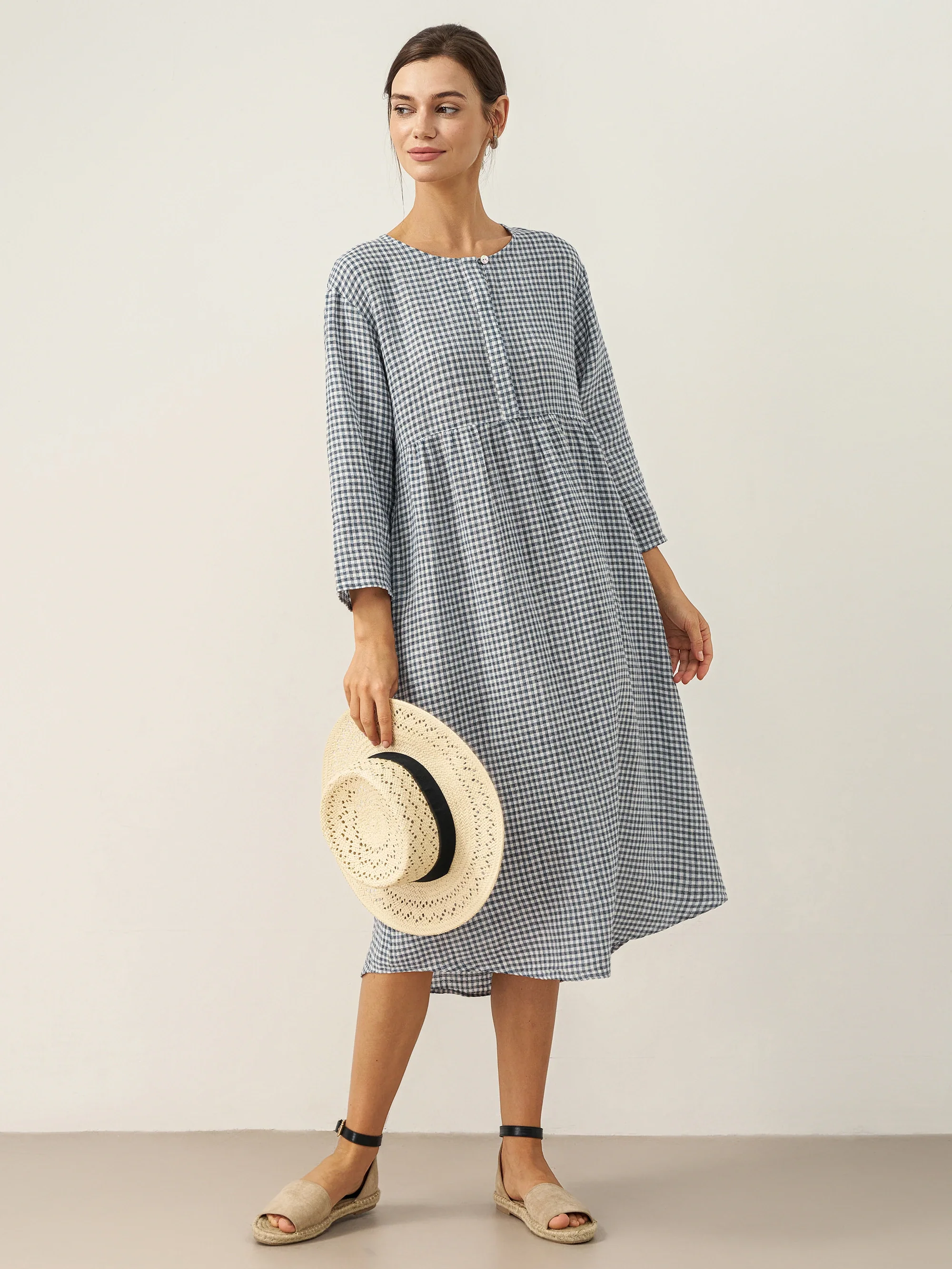 Linen Check Long Sleeve Midi Dress FIRTH - Image 9