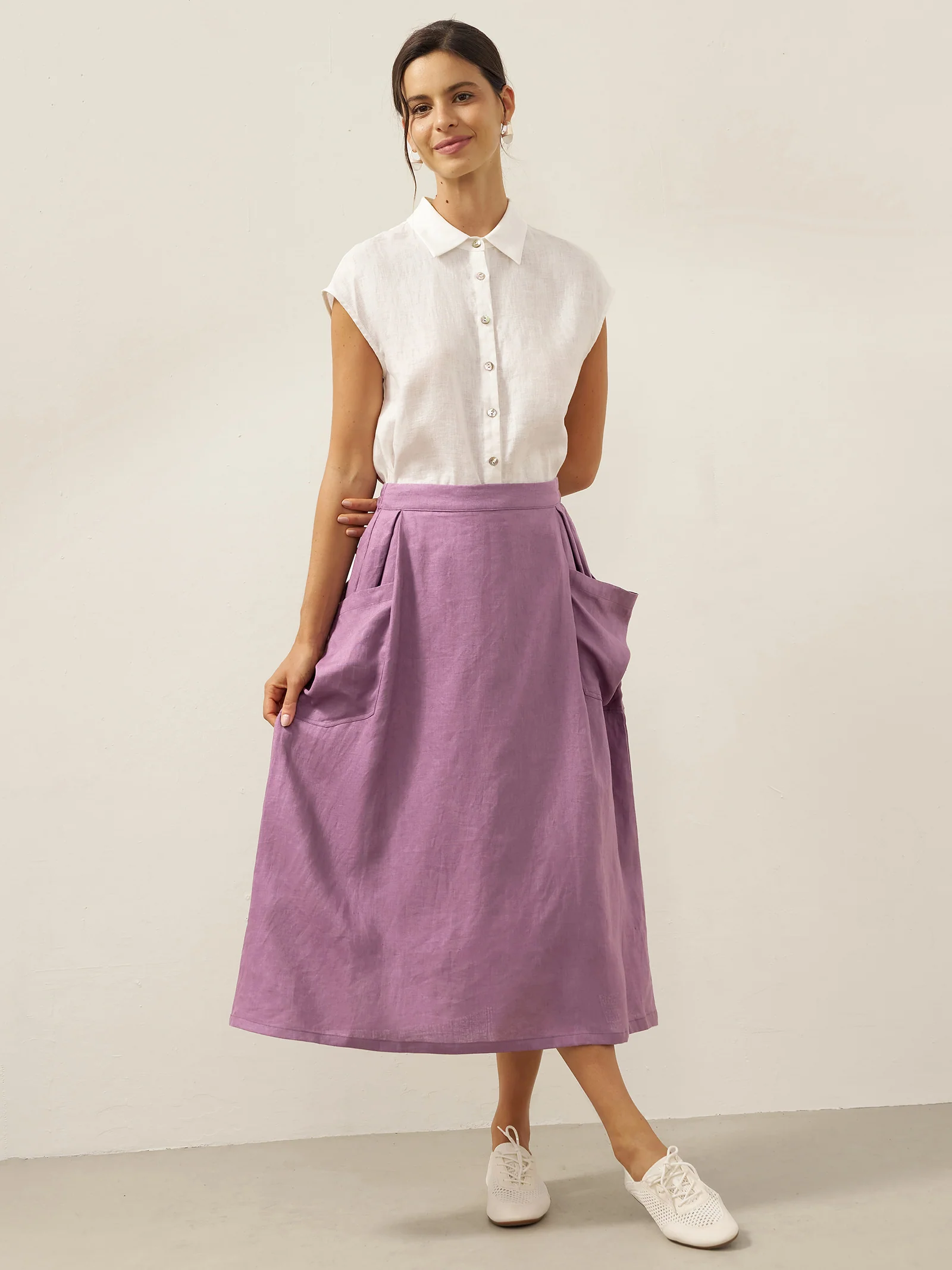 Linen Checked Elastic Waist Skirt MARINA - Image 31