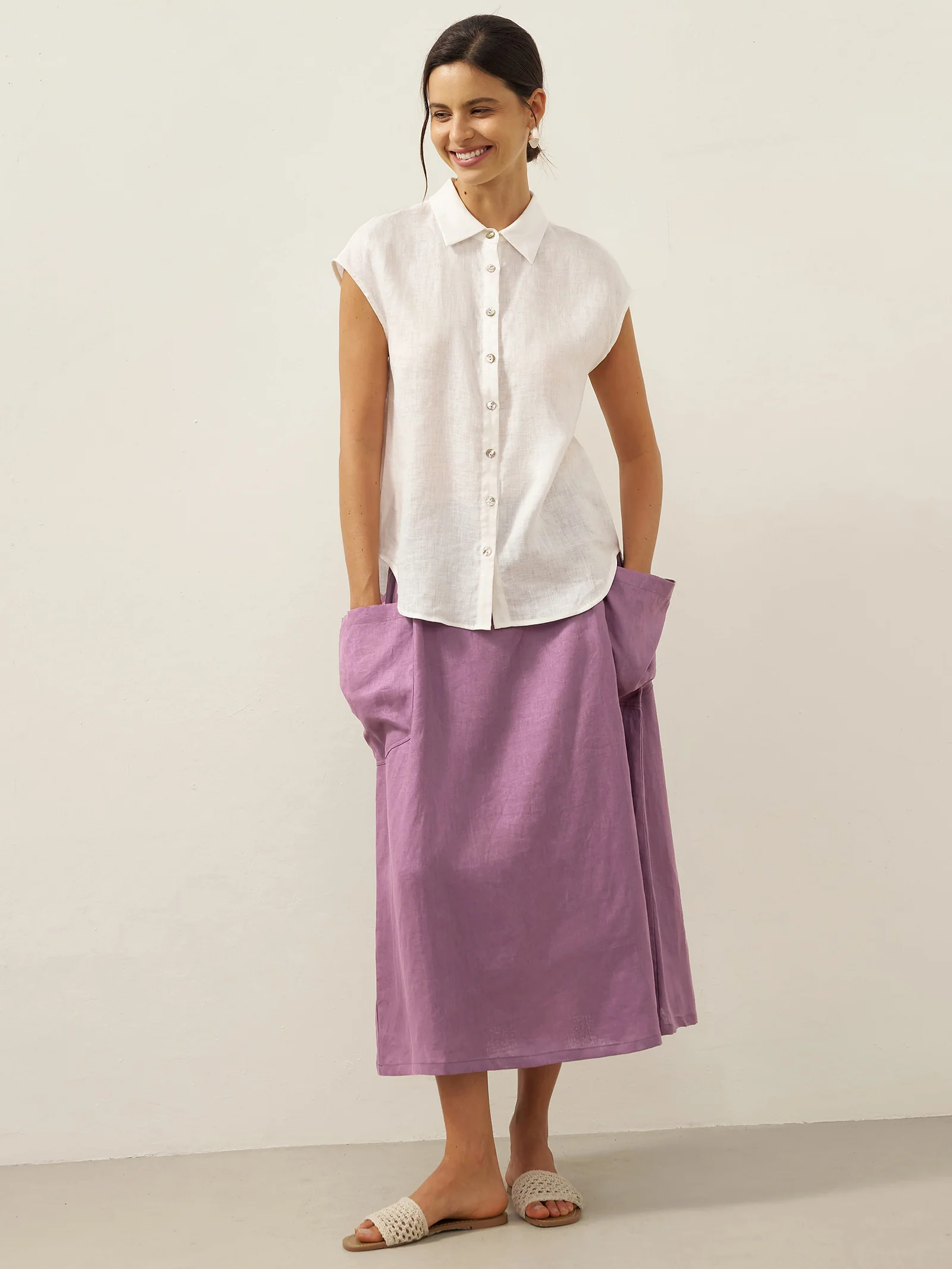 Linen Checked Elastic Waist Skirt MARINA - Image 32
