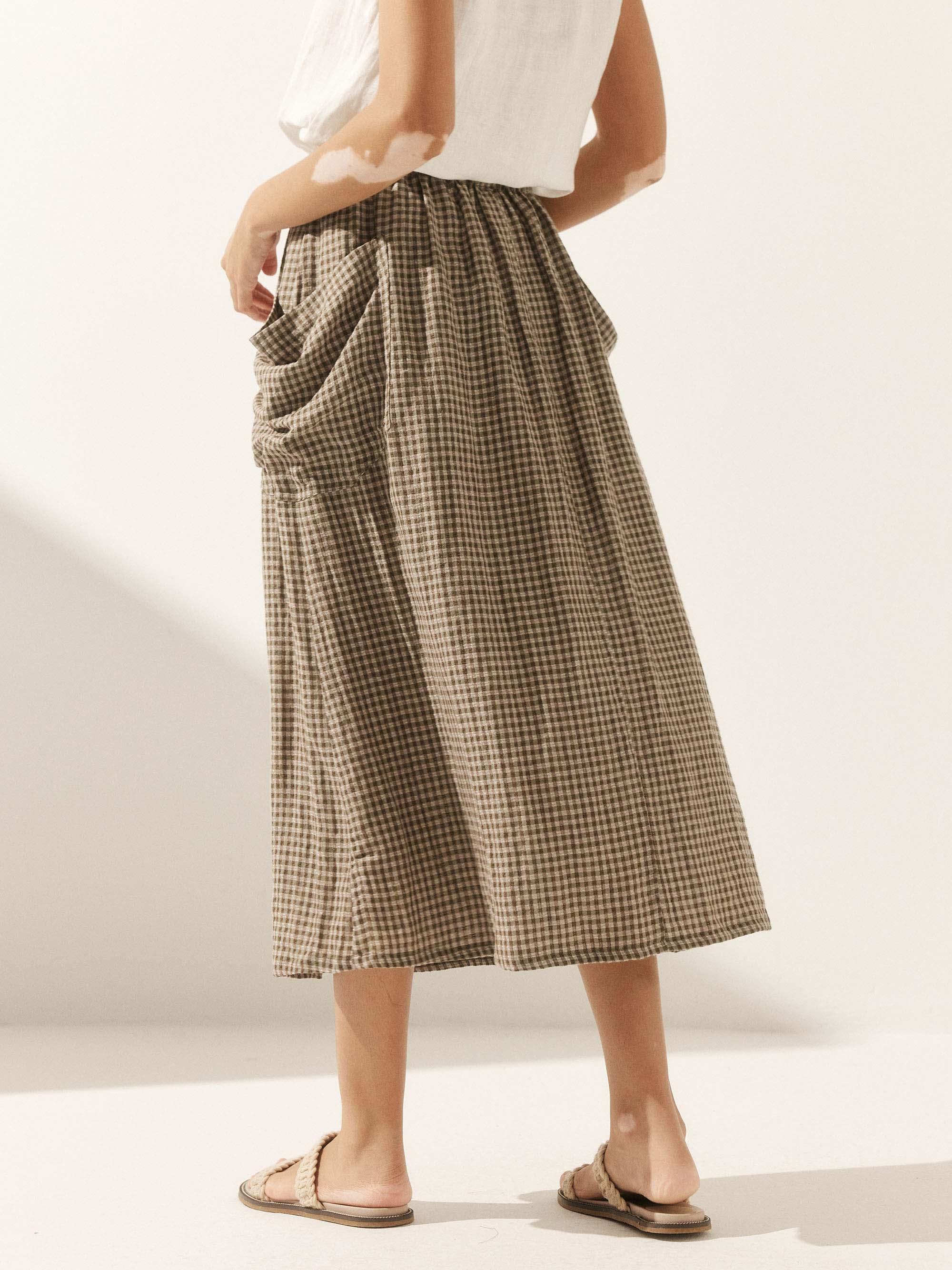 Linen Checked Elastic Waist Skirt MARINA - Image 4
