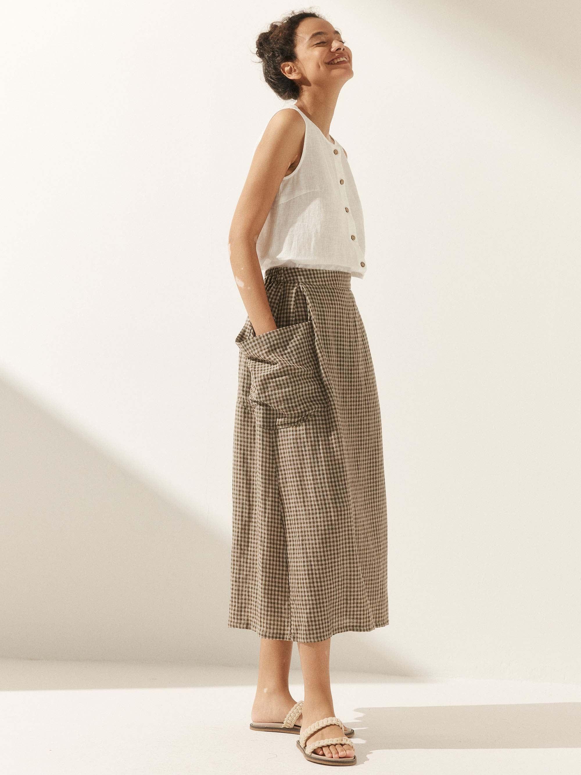 Linen Checked Elastic Waist Skirt MARINA - Image 7