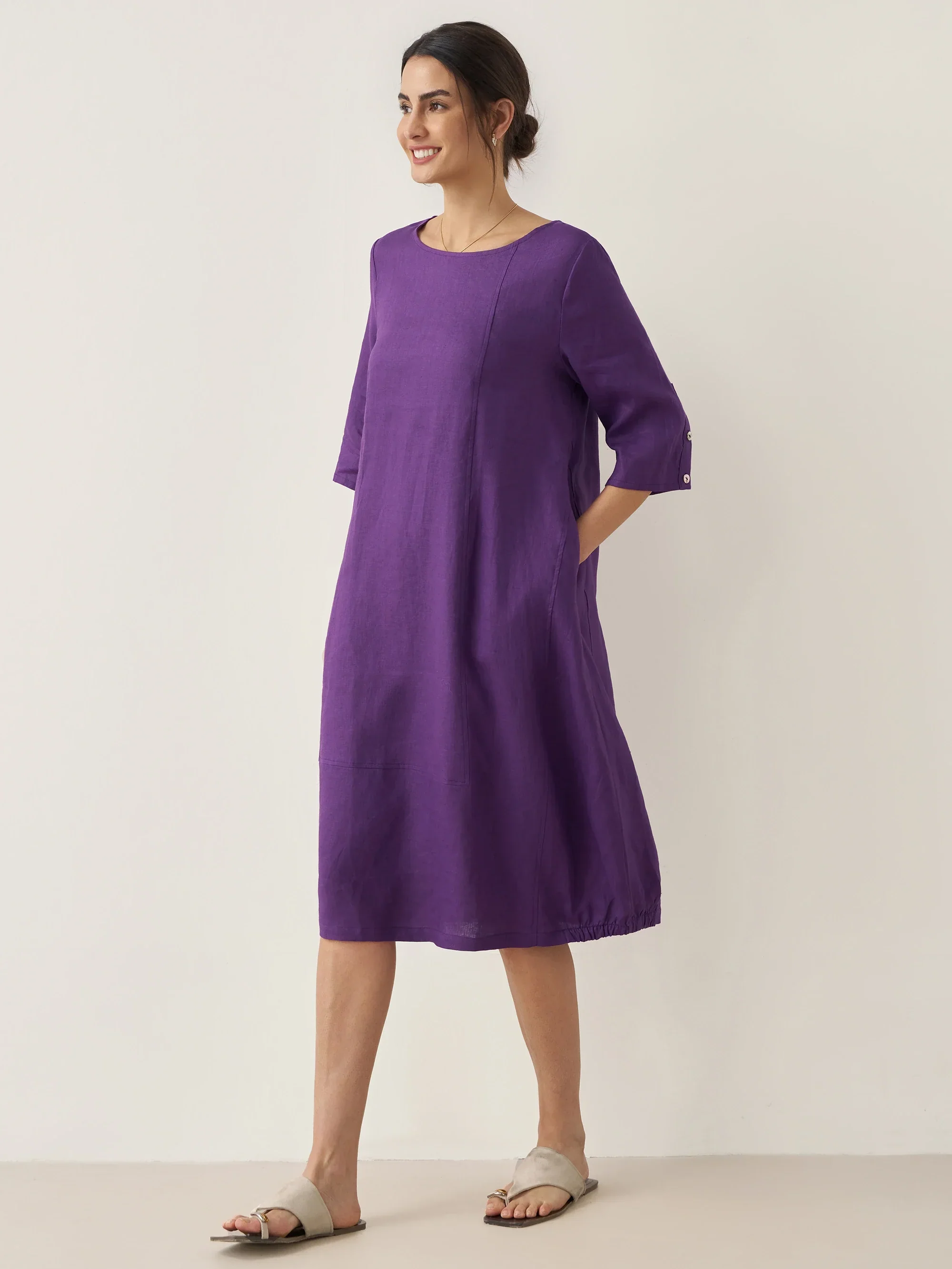 100% Linen Collarless Mid-Length Dress SOFIA - Image 10