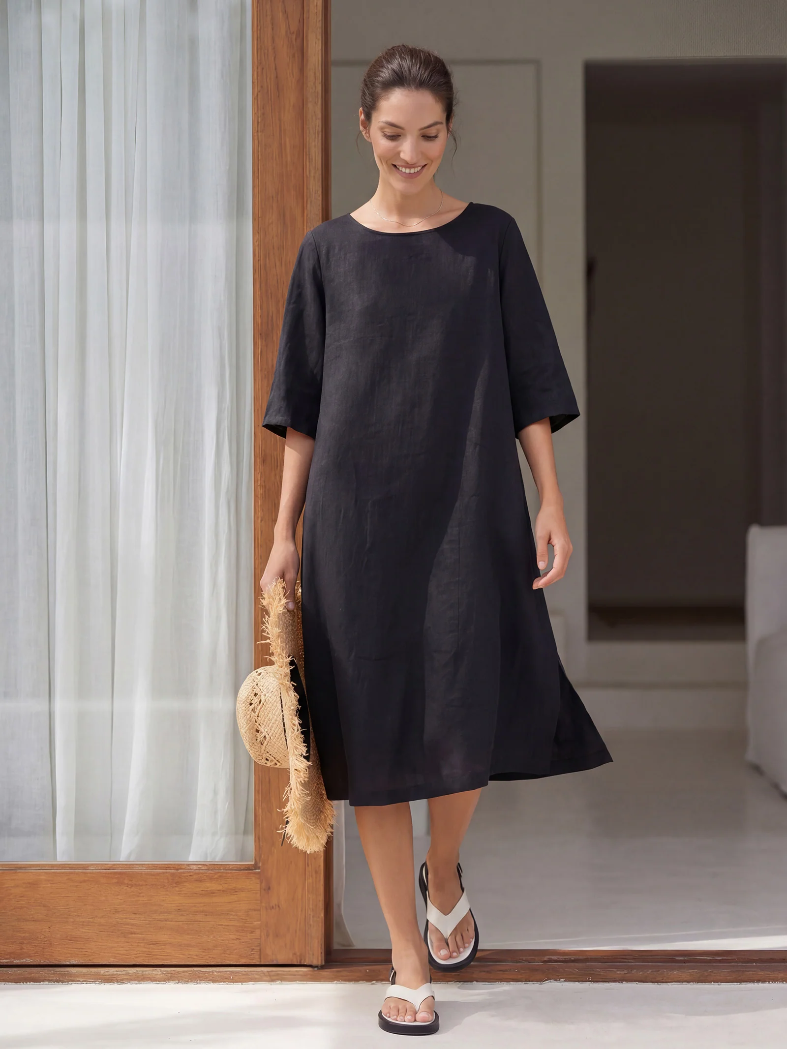 100% Linen Collarless Mid-Length Dress SOFIA - Image 2