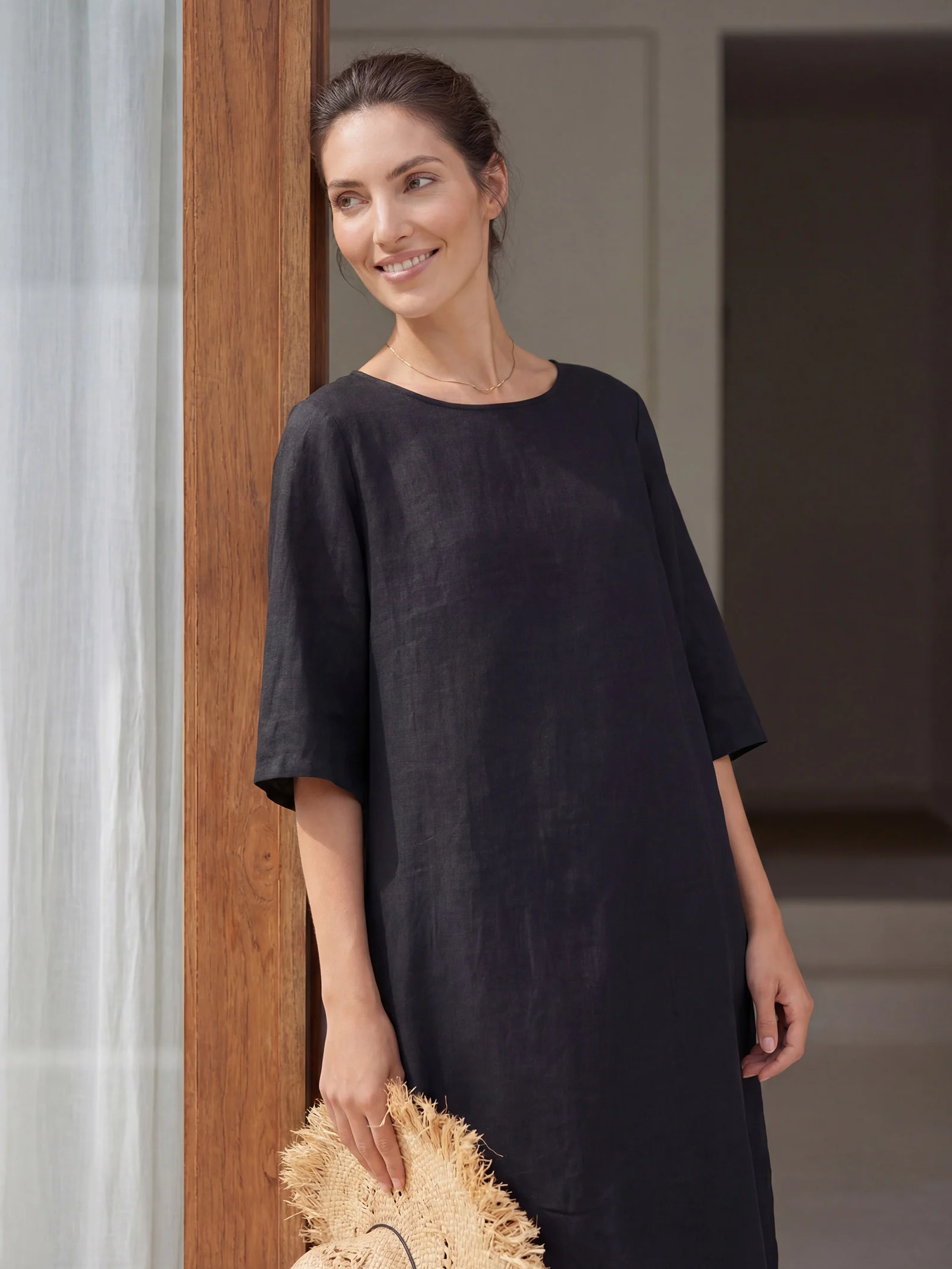100% Linen Collarless Mid-Length Dress SOFIA - Image 3
