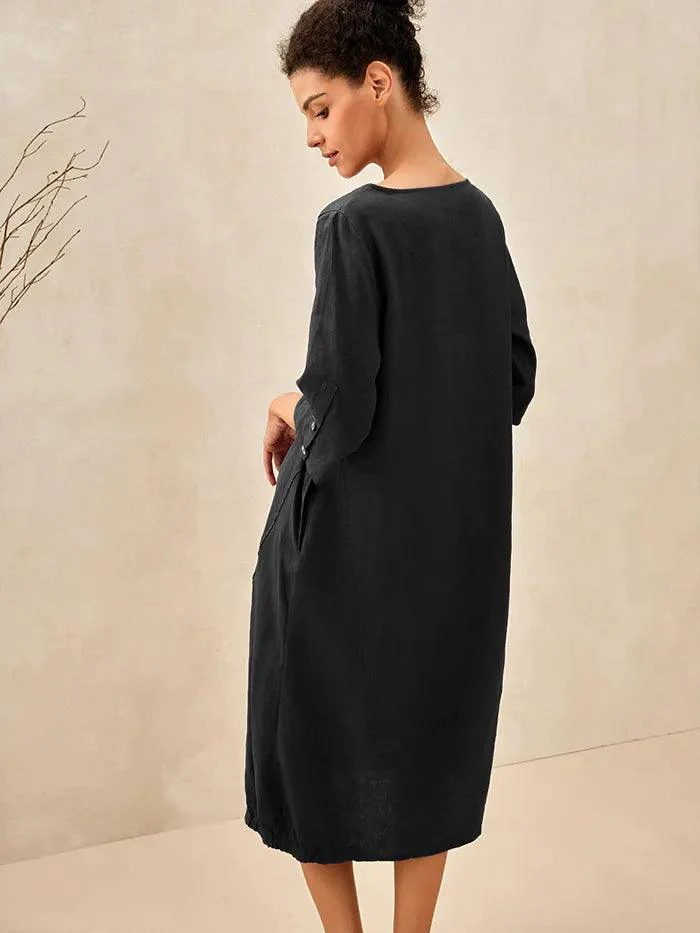 100% Linen Collarless Mid-Length Dress SOFIA - Image 4