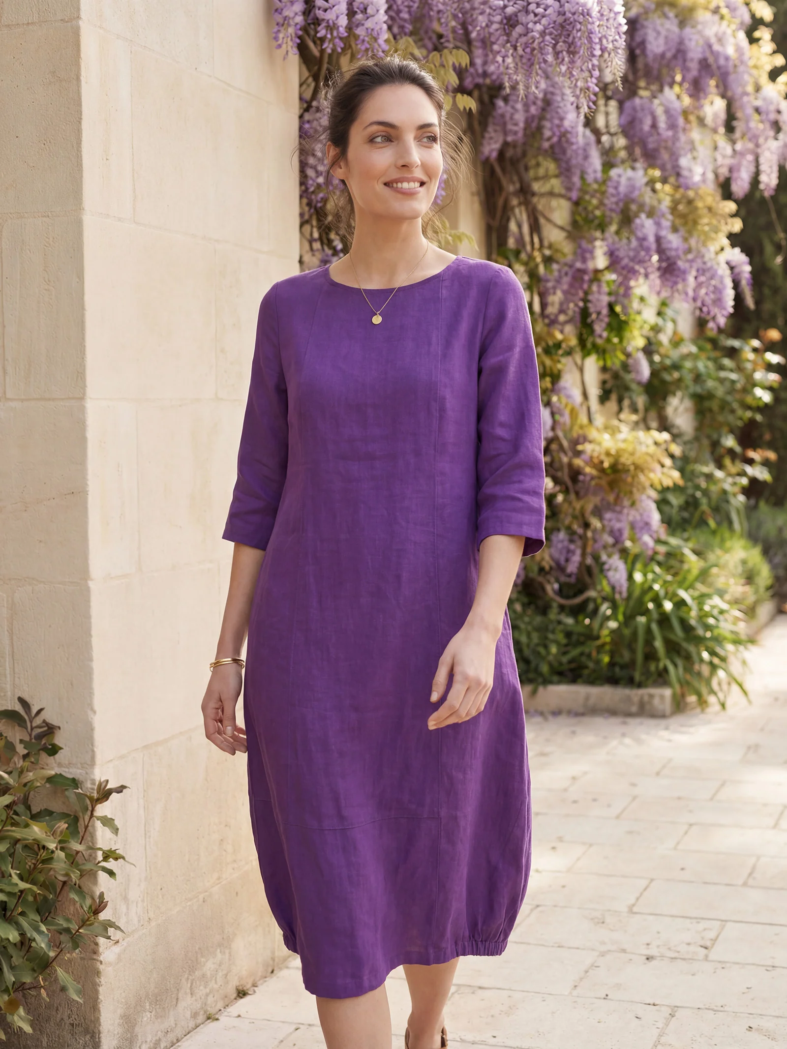 100% Linen Collarless Mid-Length Dress SOFIA - Image 6