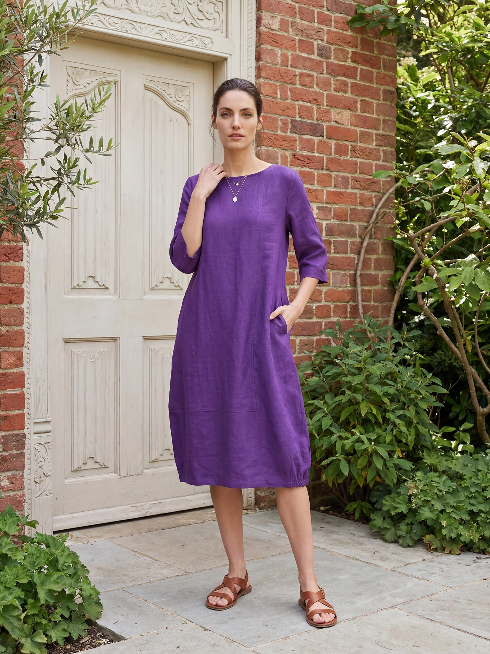 100% Linen Collarless Mid-Length Dress SOFIA - Image 7