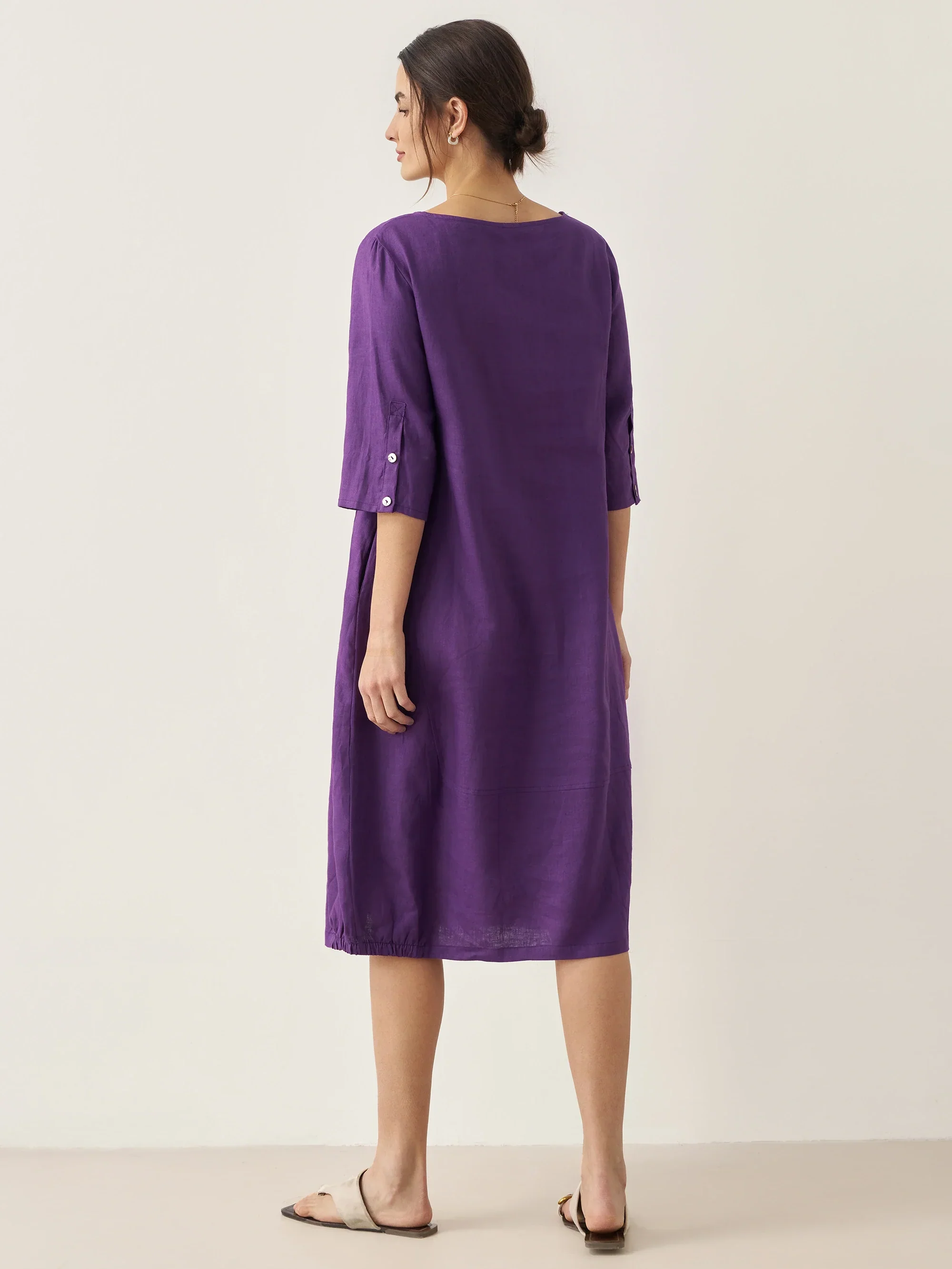 100% Linen Collarless Mid-Length Dress SOFIA - Image 8
