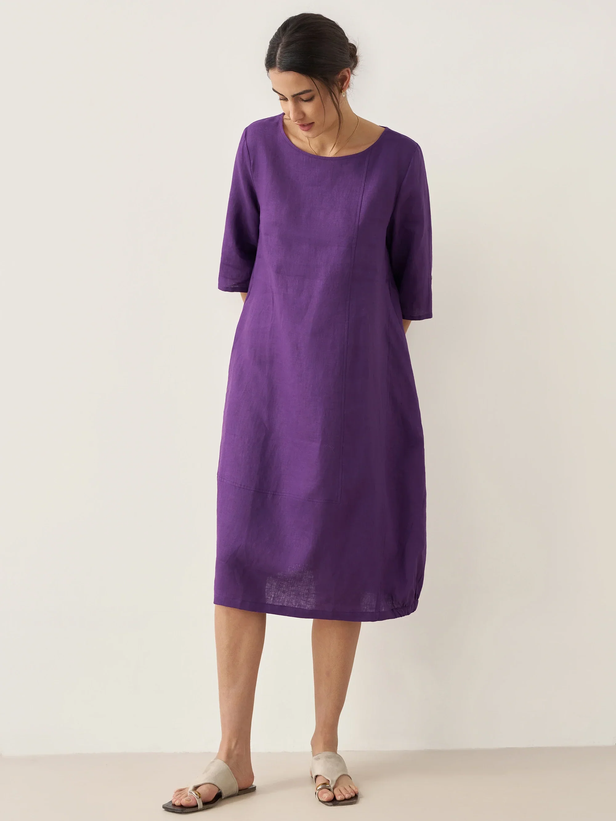 100% Linen Collarless Mid-Length Dress SOFIA - Image 9