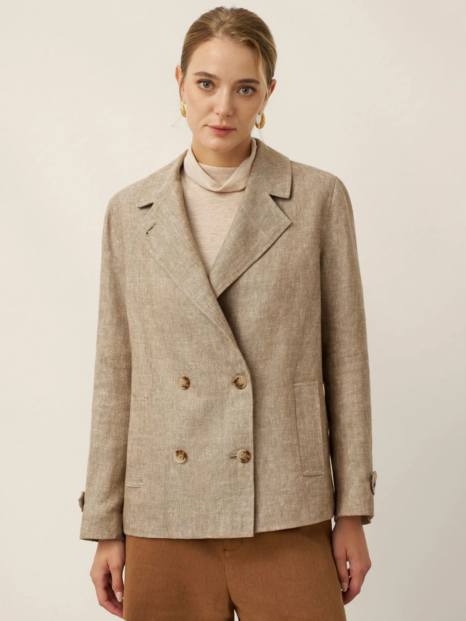 100% Linen Convertible Stand Collar Double Breasted Blazer Jacket NAOMI