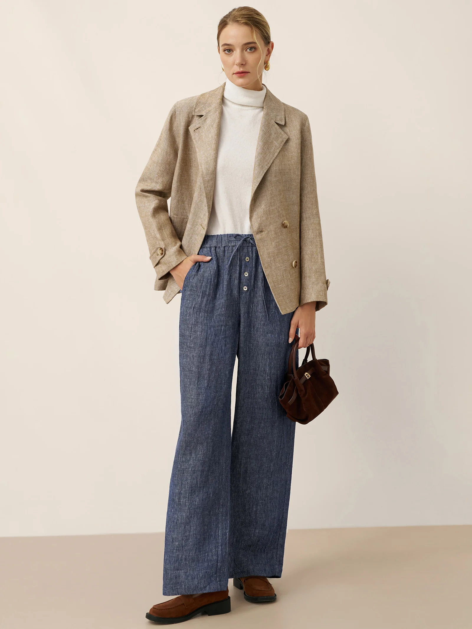 100% Linen Convertible Stand Collar Double Breasted Blazer Jacket NAOMI - Image 10