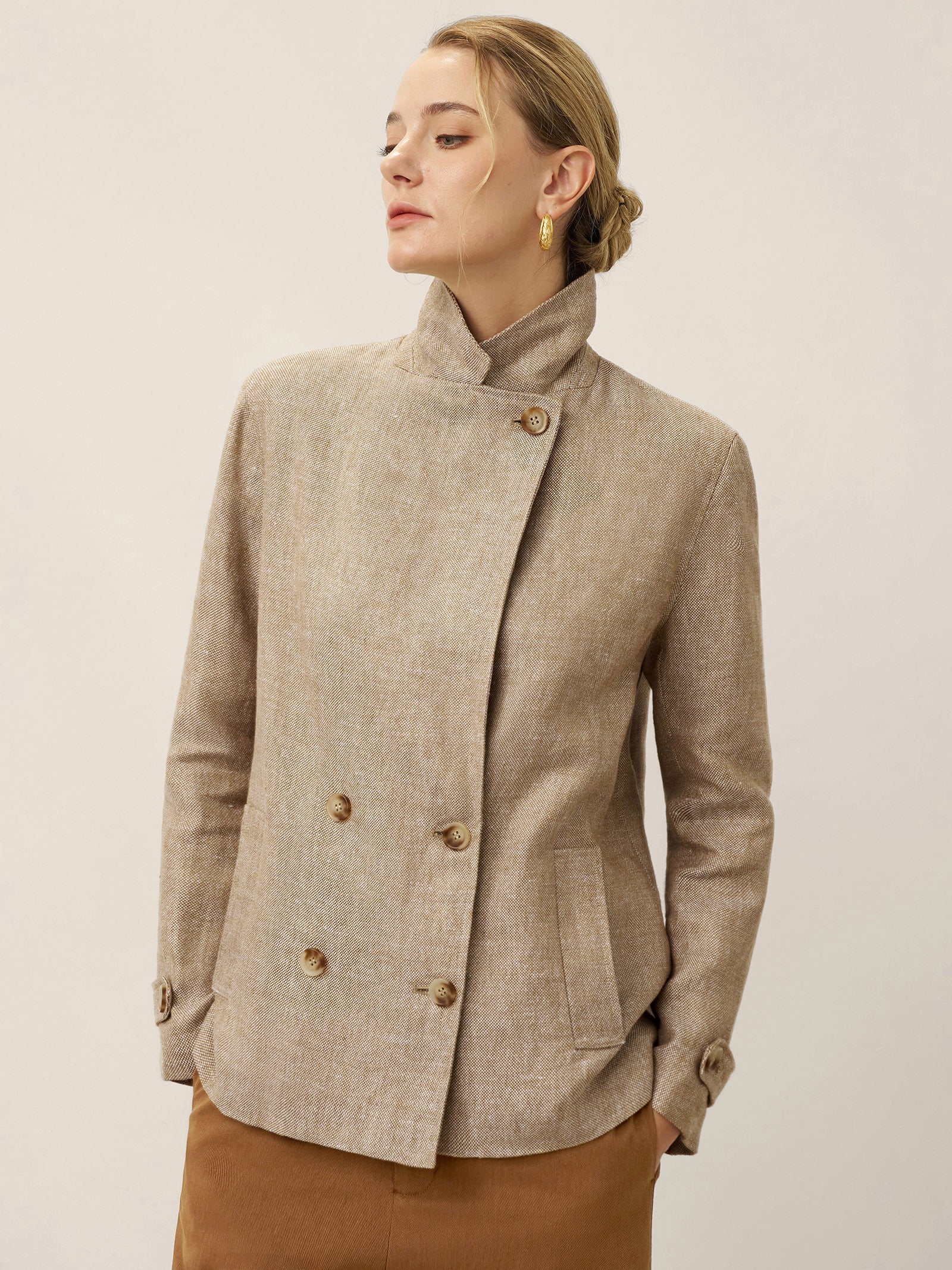 100% Linen Convertible Stand Collar Double Breasted Blazer Jacket NAOMI - Image 2