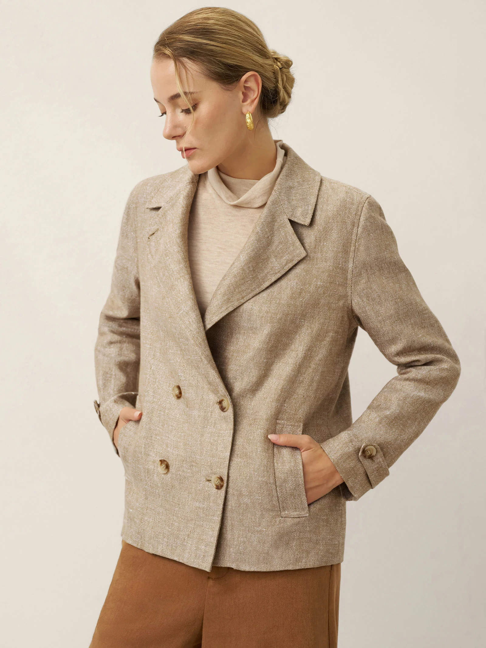 100% Linen Convertible Stand Collar Double Breasted Blazer Jacket NAOMI - Image 4
