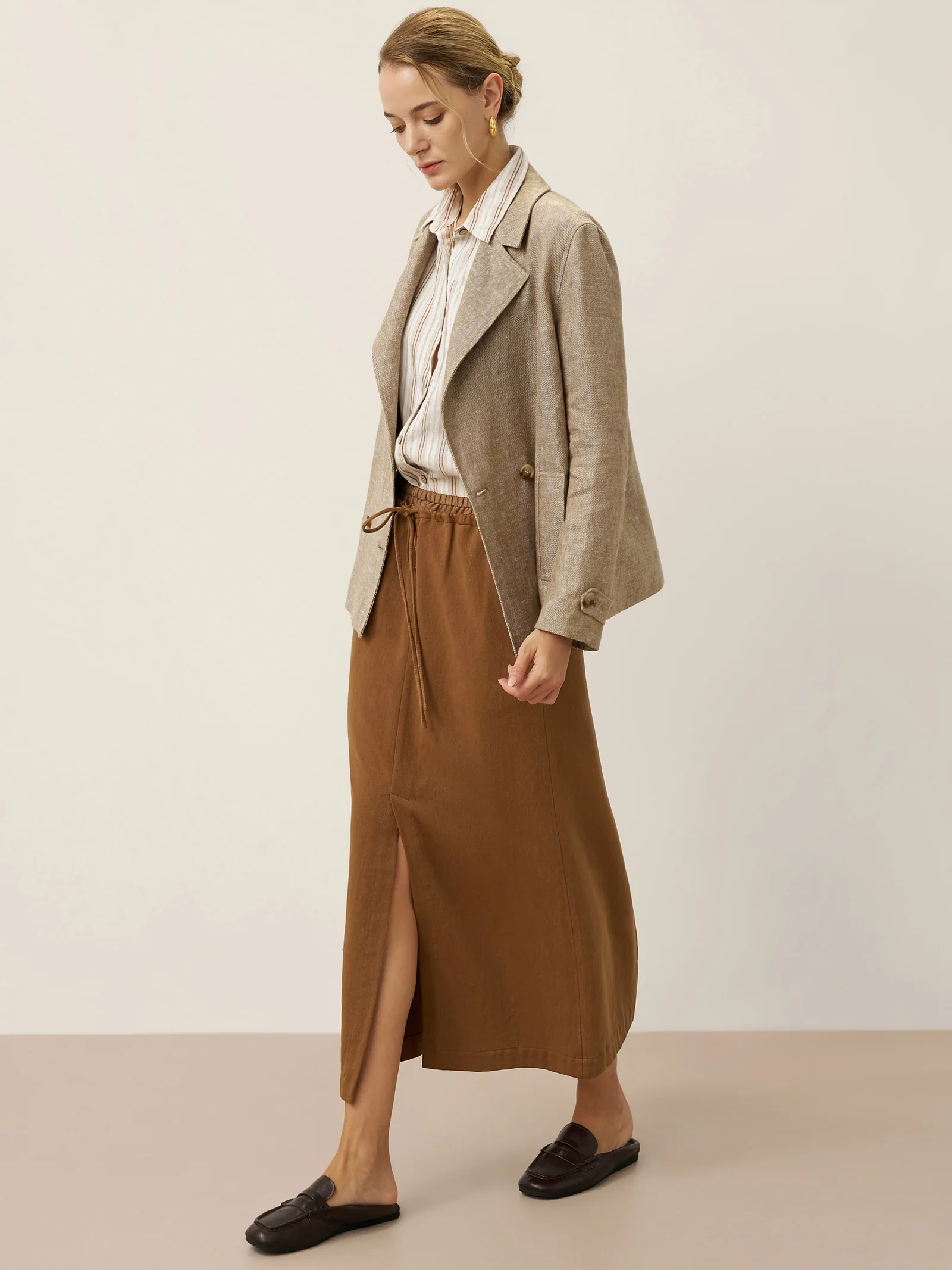 100% Linen Convertible Stand Collar Double Breasted Blazer Jacket NAOMI - Image 8