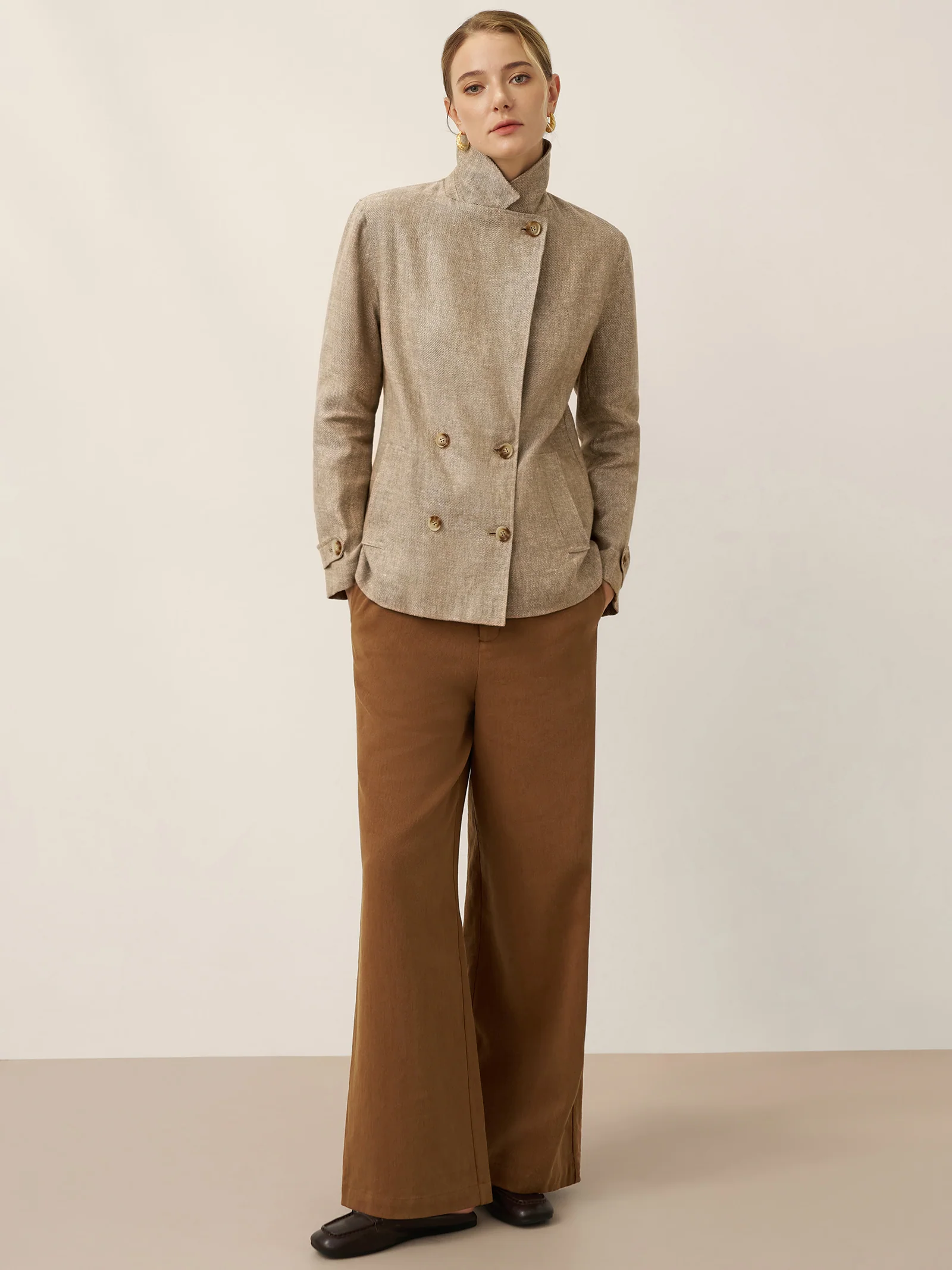 100% Linen Convertible Stand Collar Double Breasted Blazer Jacket NAOMI - Image 9