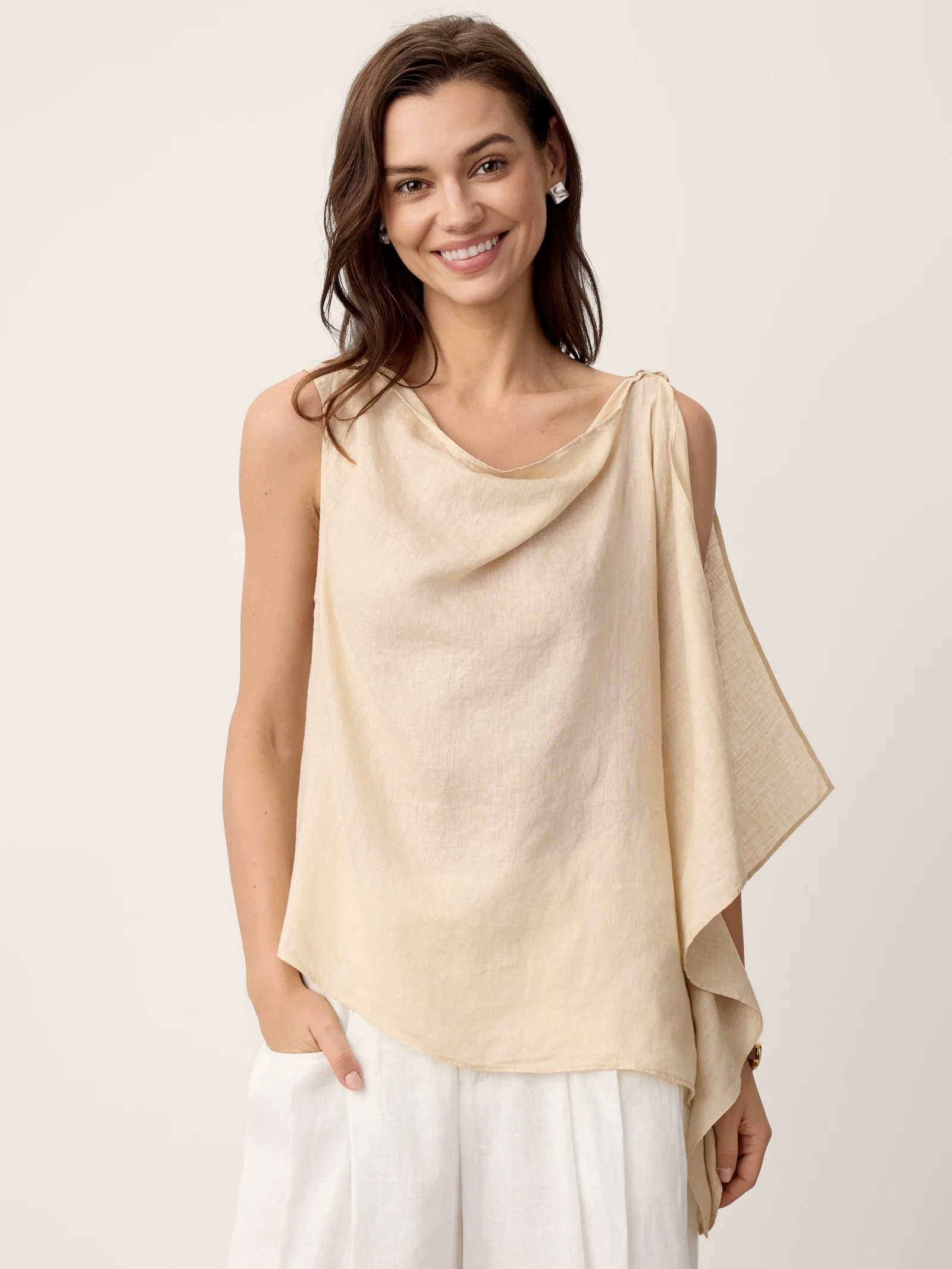 100% Linen Cowl-Neck Asymmetric Top LEVINA