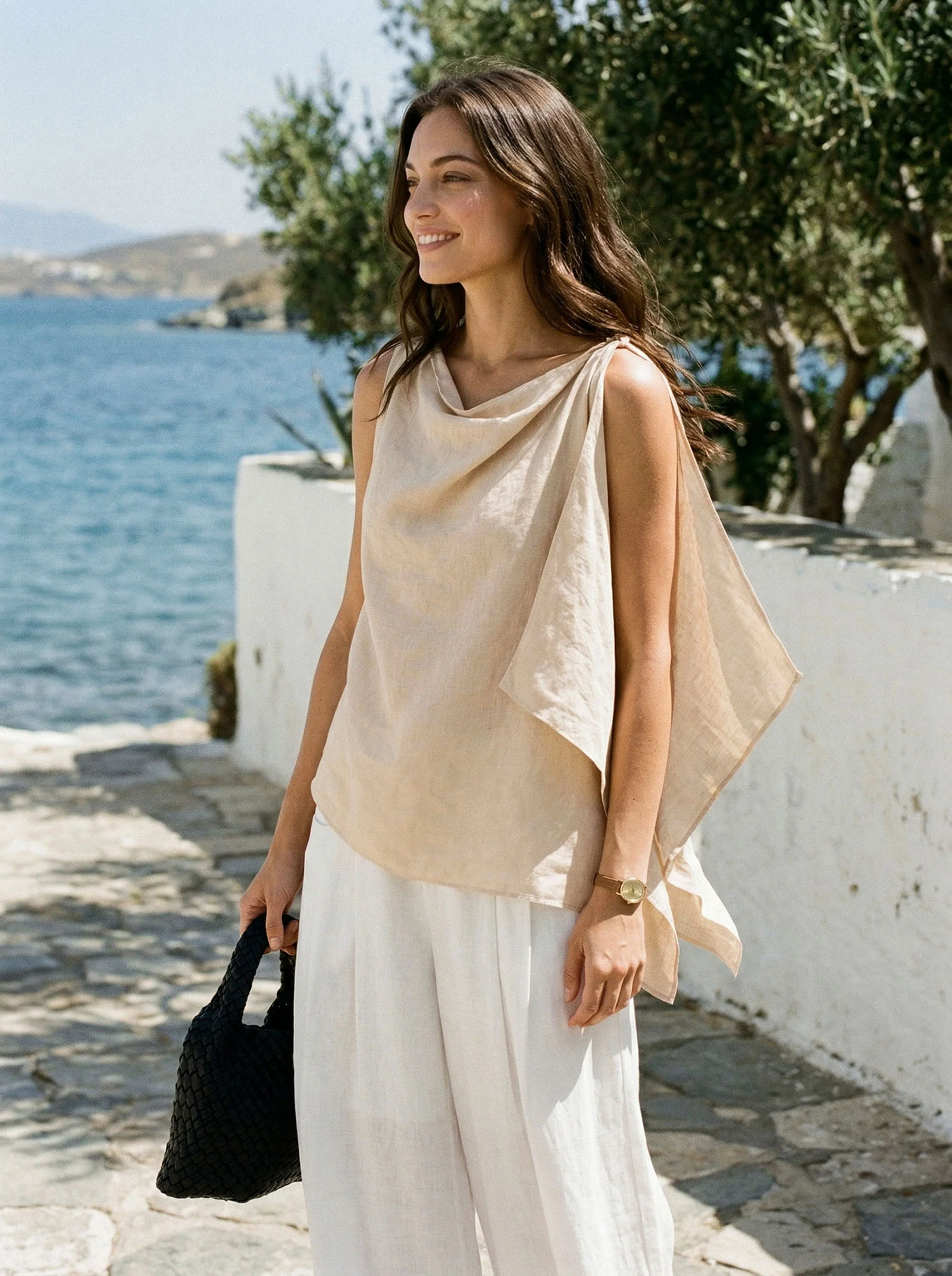 100% Linen Cowl-Neck Asymmetric Top LEVINA - Image 2