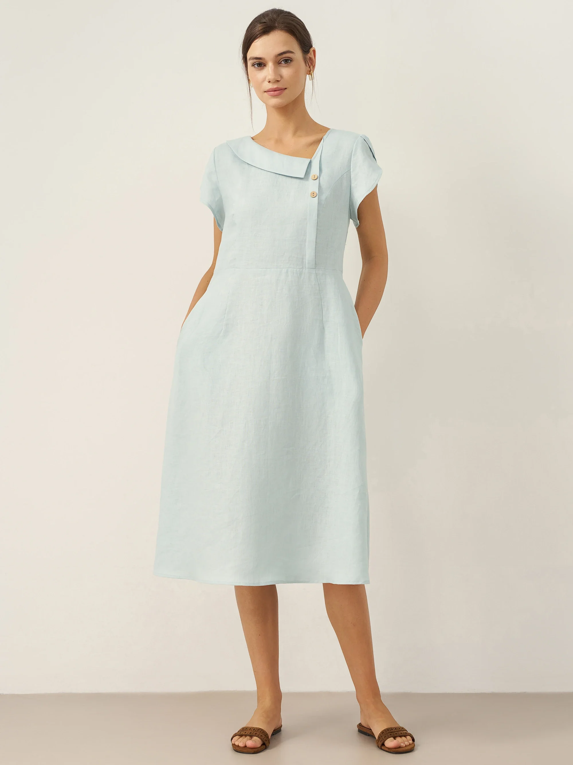 100% Linen Crescent Collar Flutter Sleeve Midi Dress FIONA - Image 13