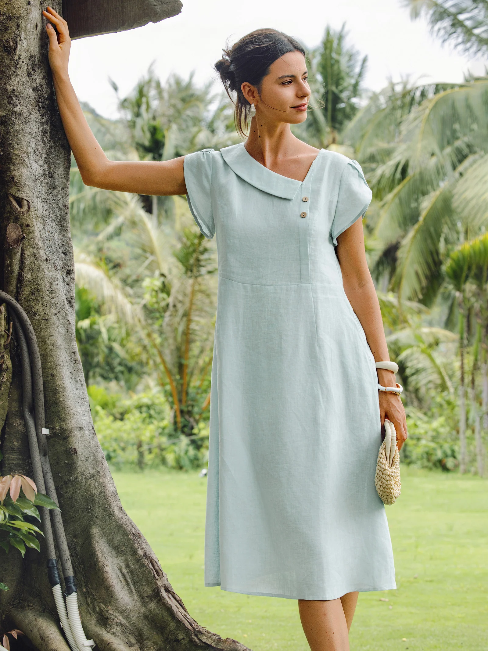 100% Linen Crescent Collar Flutter Sleeve Midi Dress FIONA - Image 14